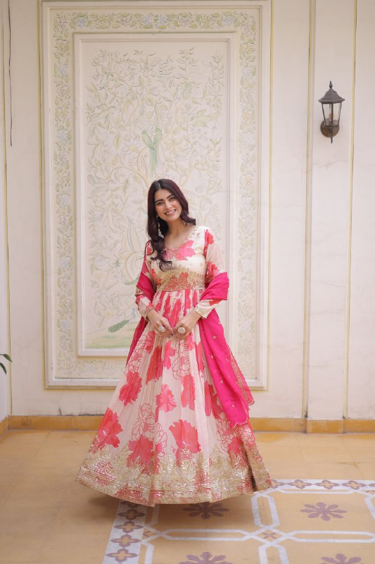 Designer Floral Russian Silk Anarkali Set