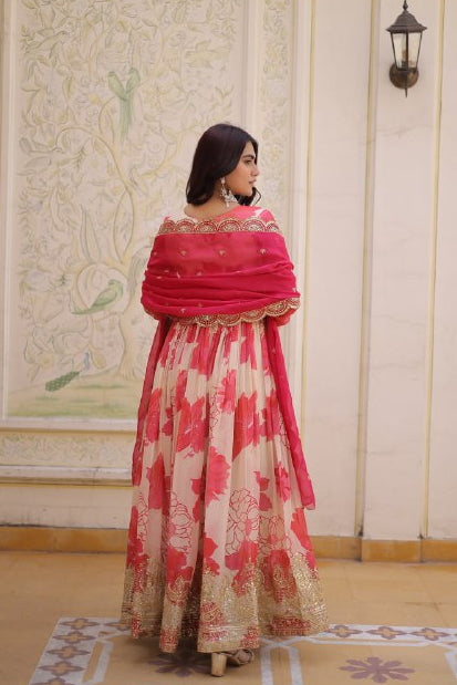 Designer Floral Russian Silk Anarkali Set