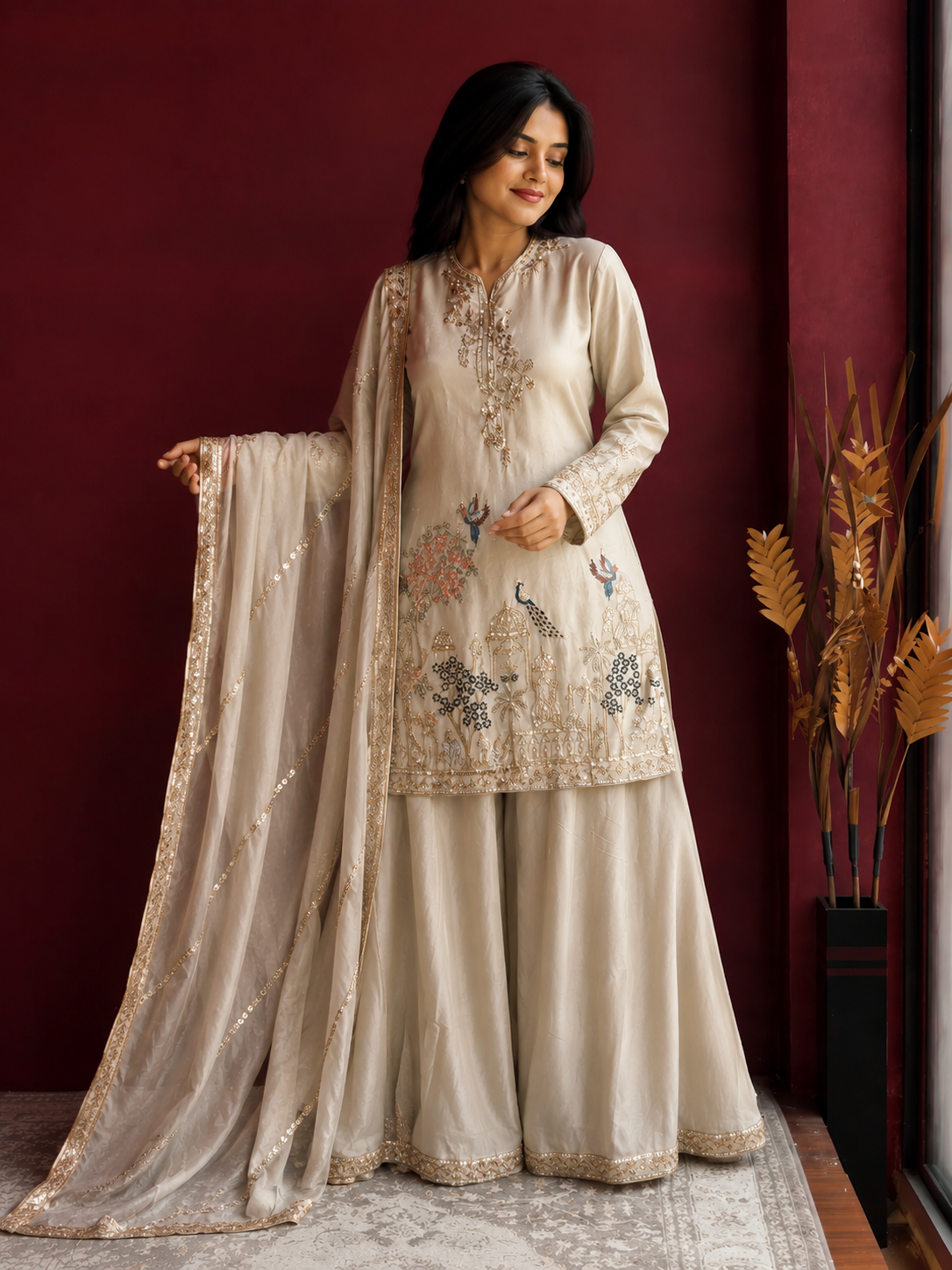 Designer Beads Sequins Embroidered Kurti Palazzo Set