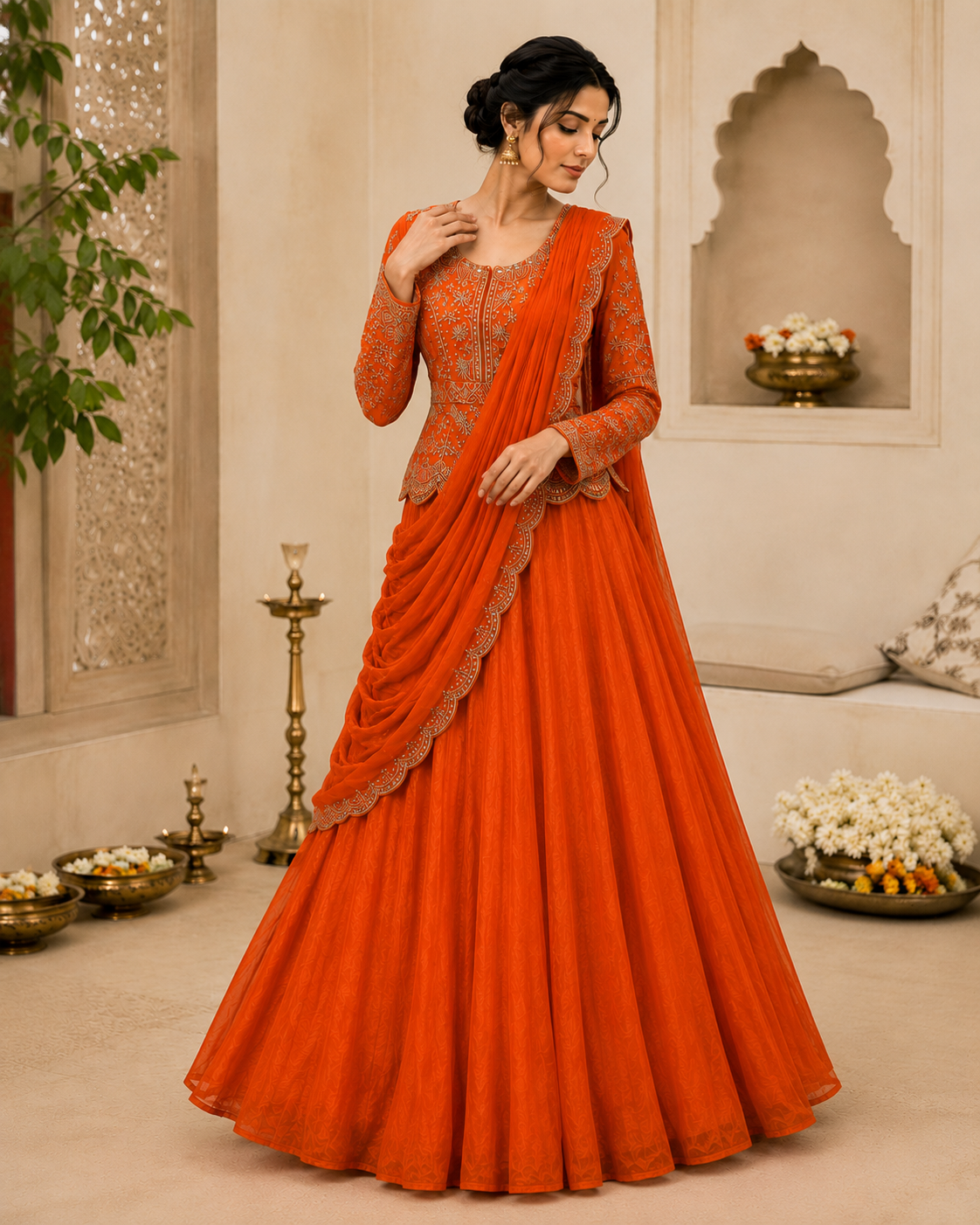 Real Mirror Embroidery Work Lehenga Saree Set