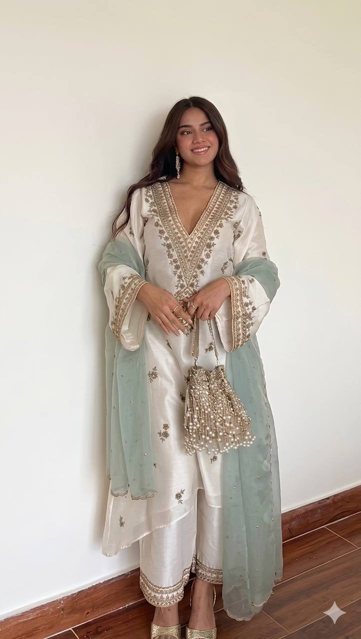 Elegant Embroidered Roman Silk Palazzo Suit Dupatta Set