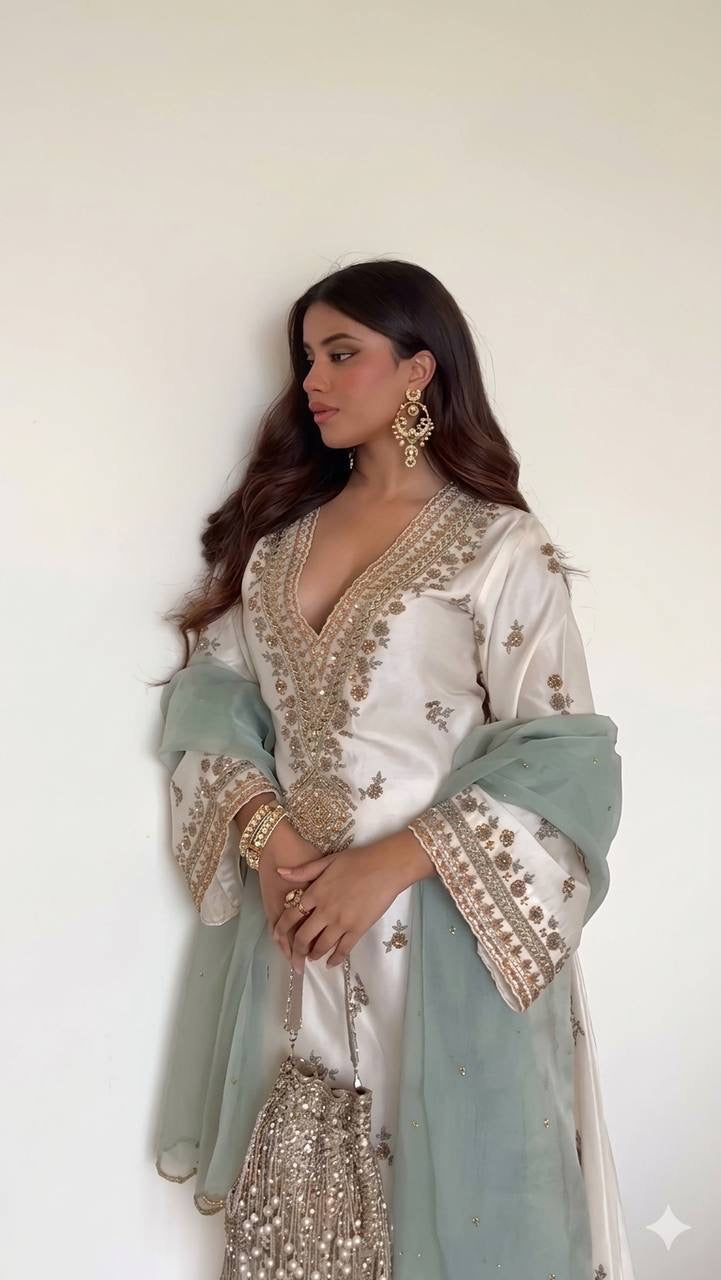 Elegant Embroidered Roman Silk Palazzo Suit Dupatta Set