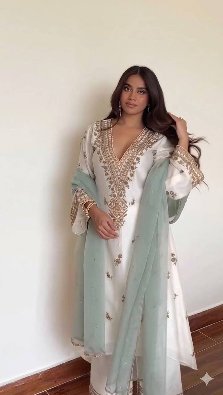 Elegant Embroidered Roman Silk Palazzo Suit Dupatta Set