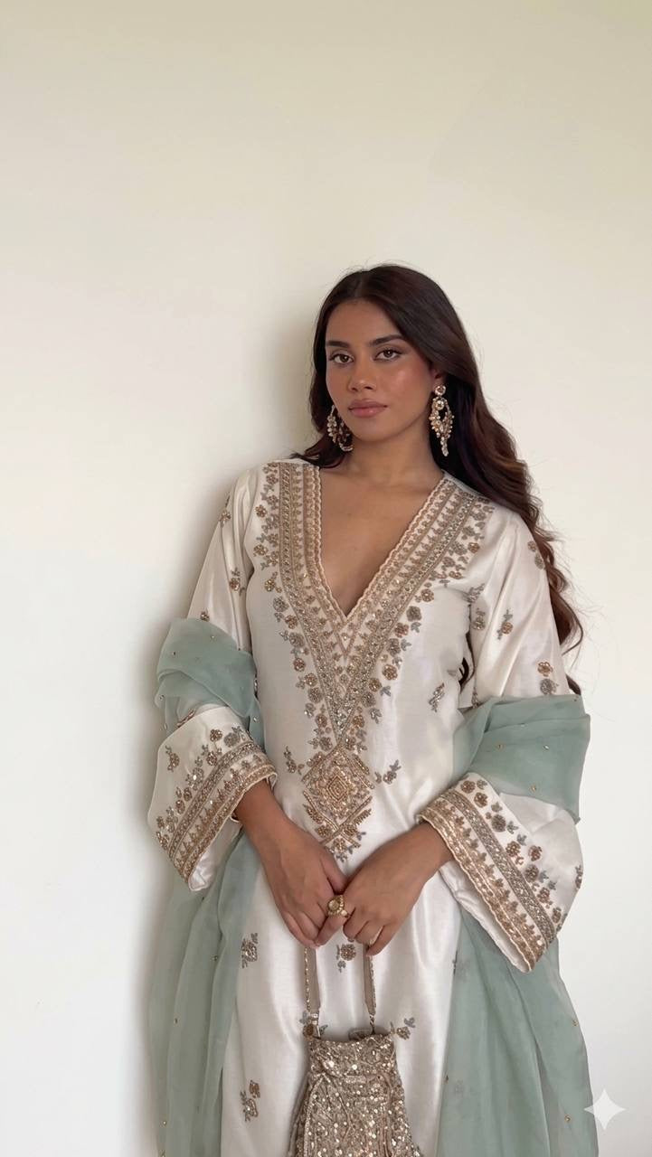 Elegant Embroidered Roman Silk Palazzo Suit Dupatta Set