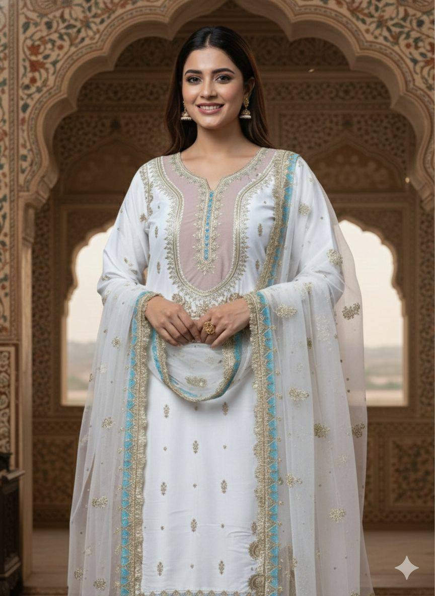 Crepe Silk Embroidered Palazzo Suit Dupatta Set