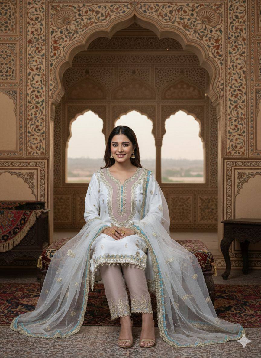 Crepe Silk Embroidered Palazzo Suit Dupatta Set