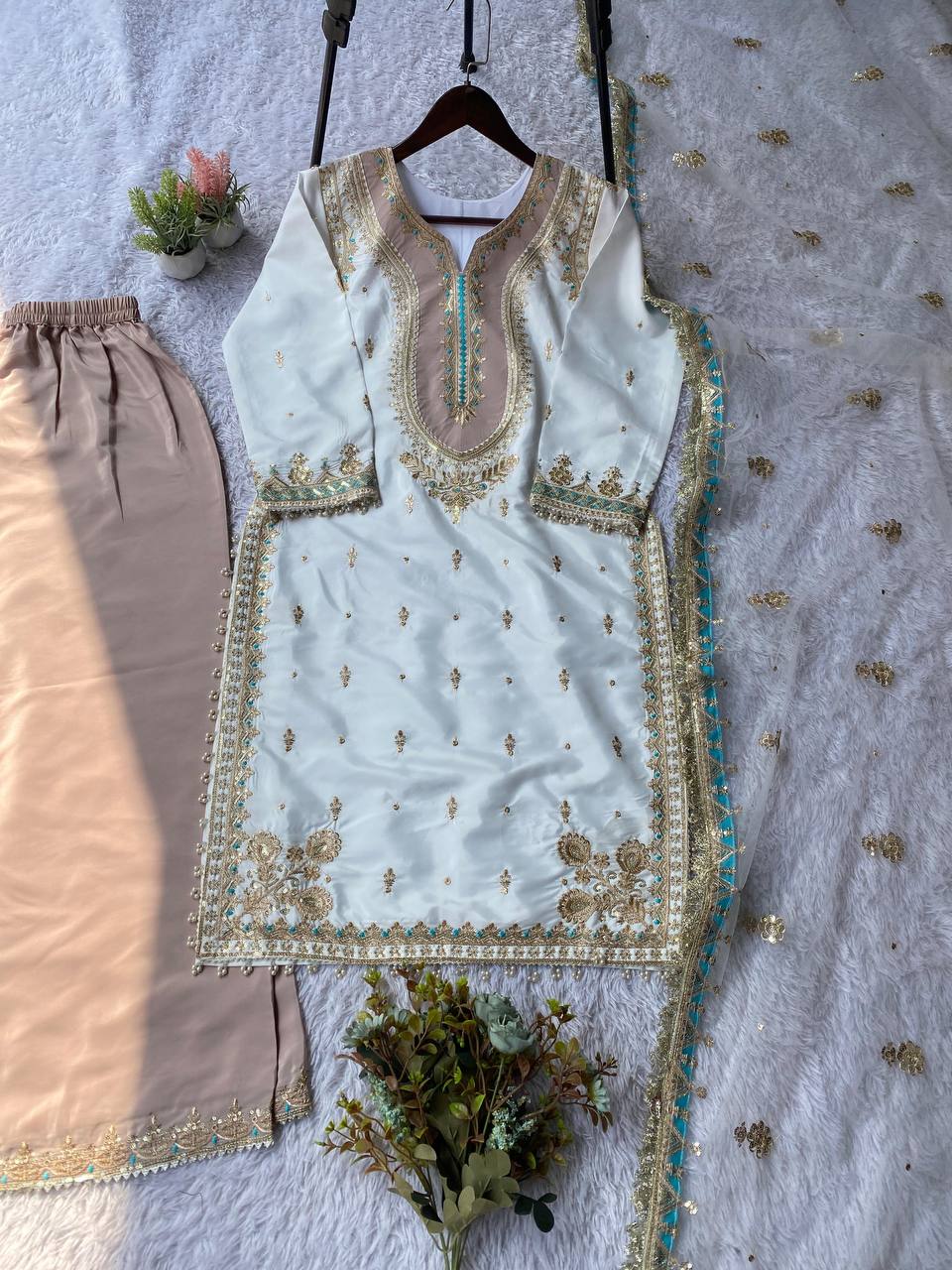 Crepe Silk Embroidered Palazzo Suit Dupatta Set