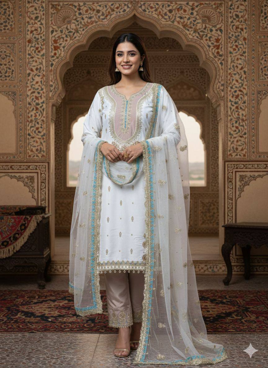 Crepe Silk Embroidered Palazzo Suit Dupatta Set