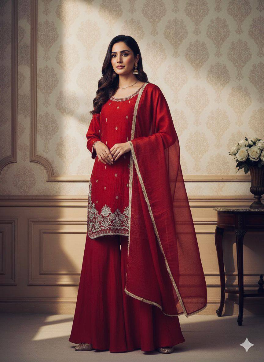 Embroidered Fendy Palazzo Suit Dupatta Set