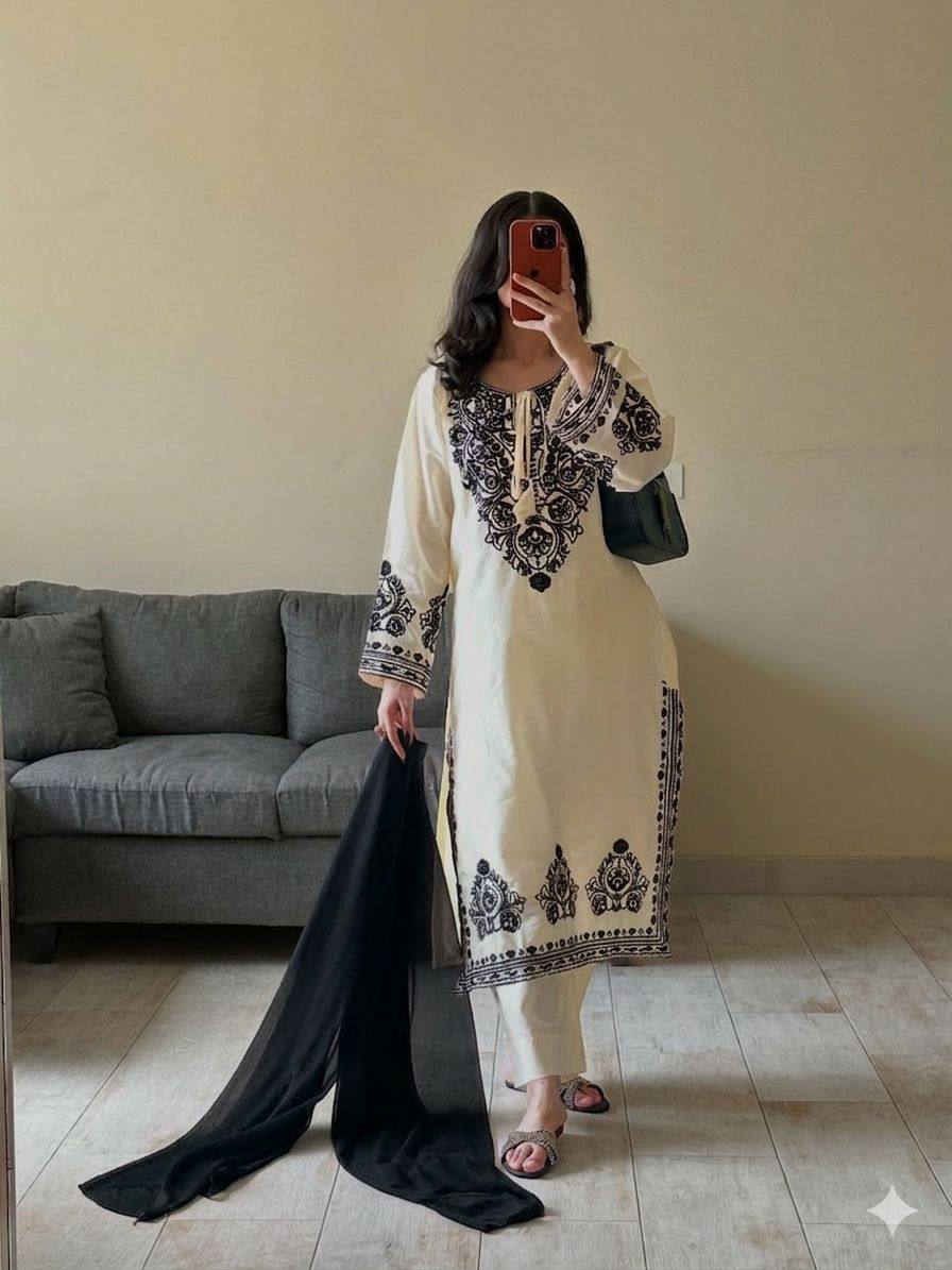 Embroidered Roman Silk Suit Dupatta Set
