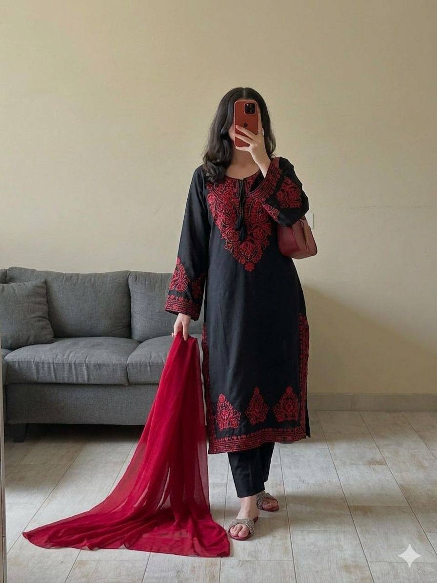 Embroidered Roman Silk Suit Dupatta Set
