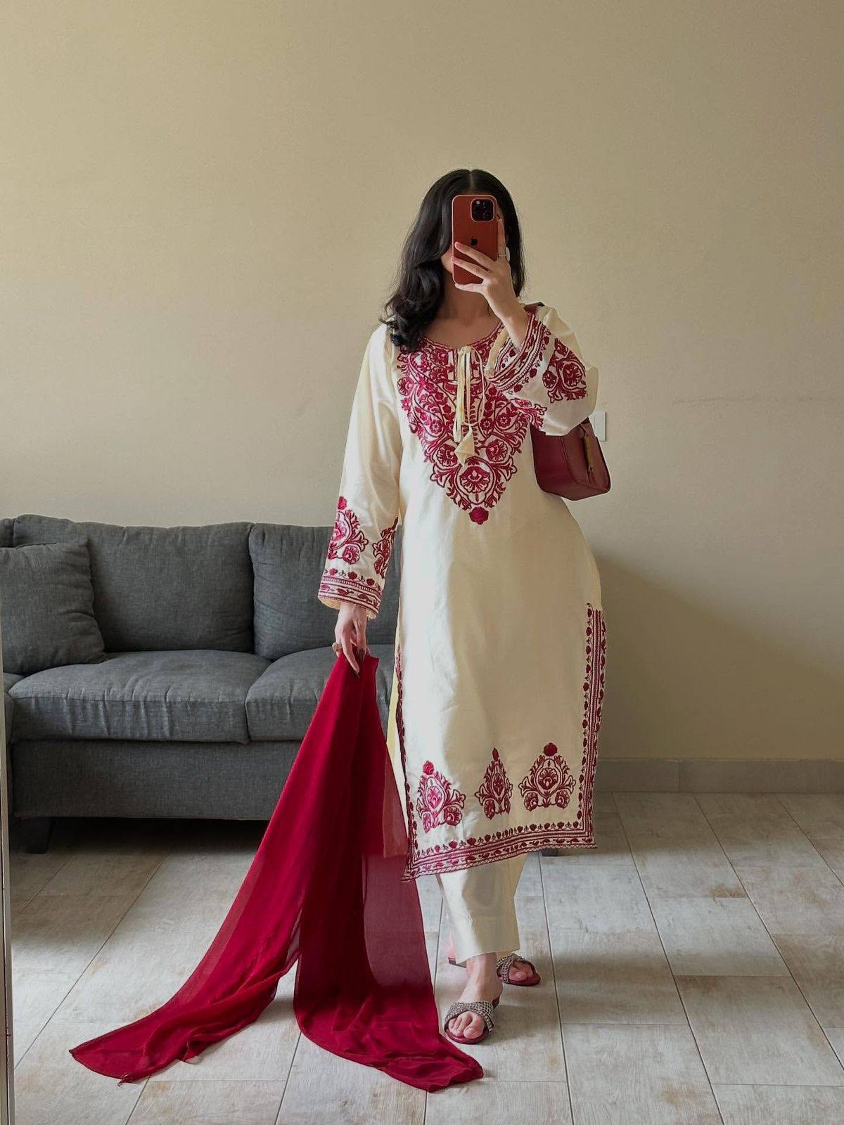 Embroidered Roman Silk Suit Dupatta Set