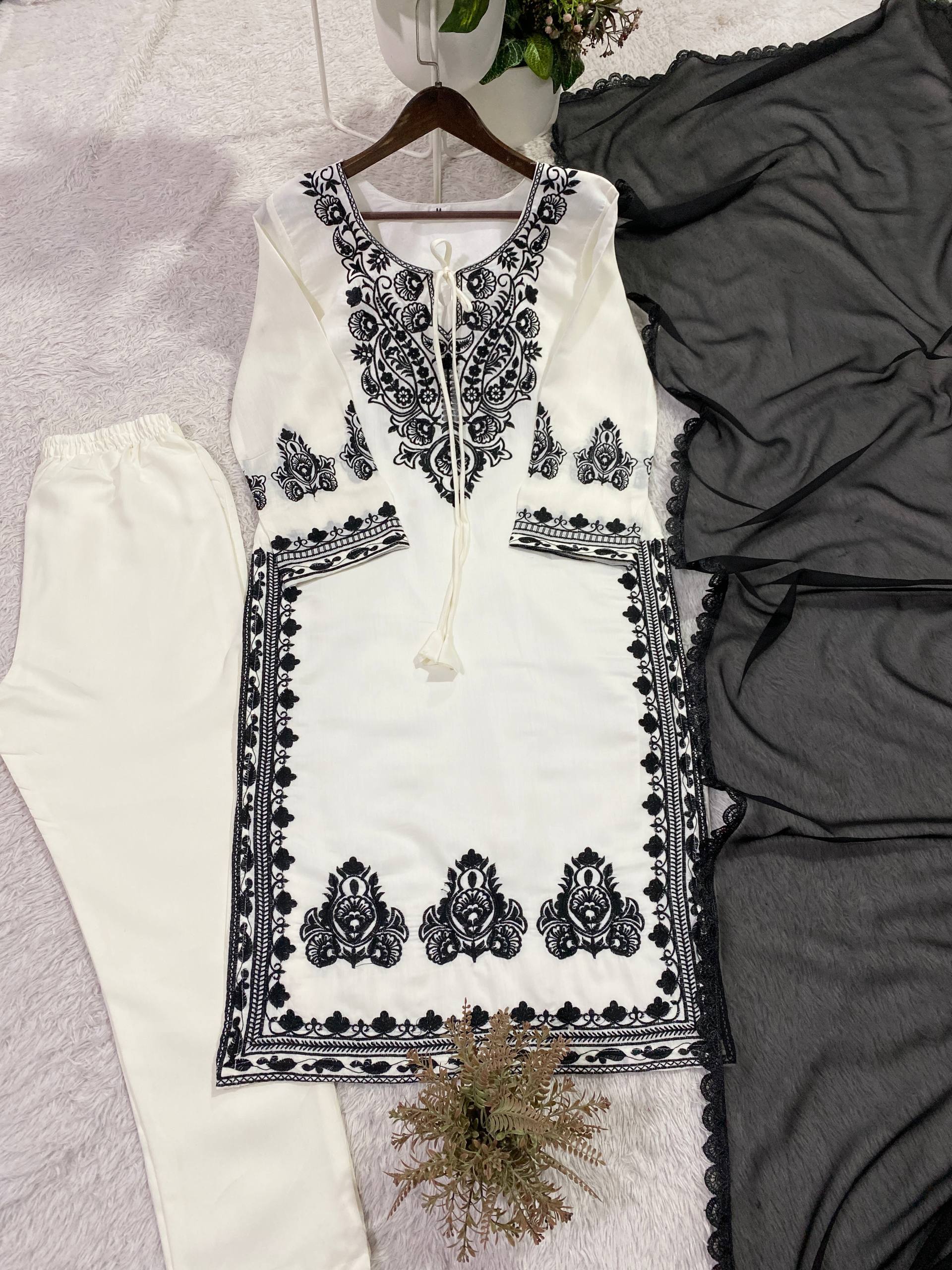 Embroidered Roman Silk Suit Dupatta Set