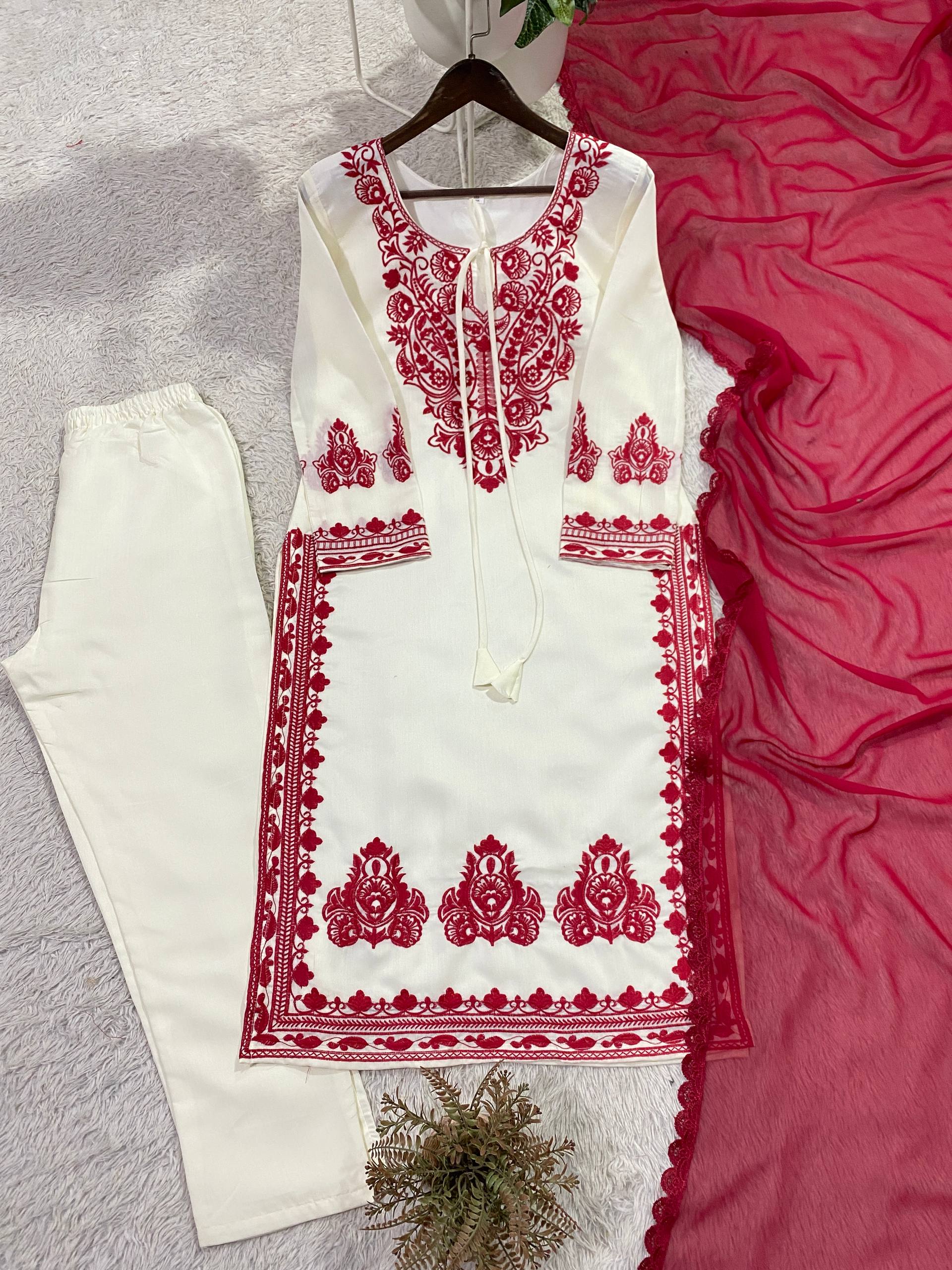 Embroidered Roman Silk Suit Dupatta Set