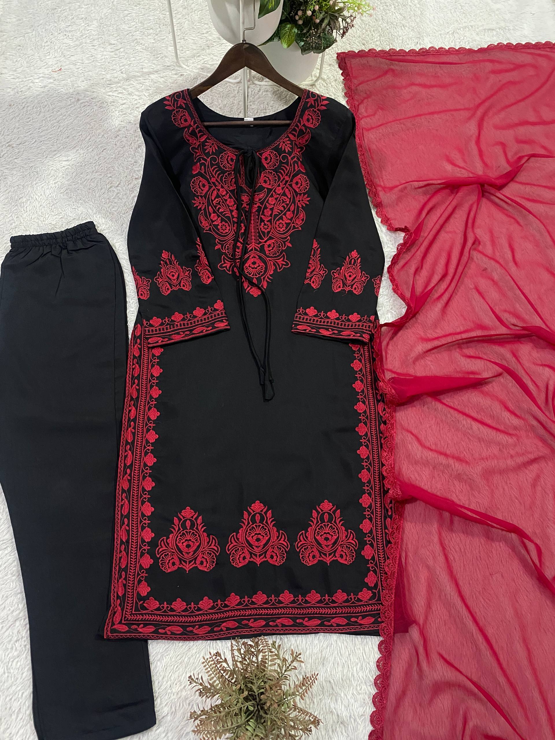 Embroidered Roman Silk Suit Dupatta Set
