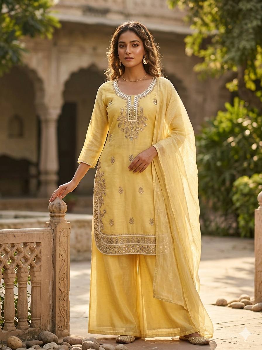 Gold Crunchy Mirror Work Kurti Palazzo Dupatta Set