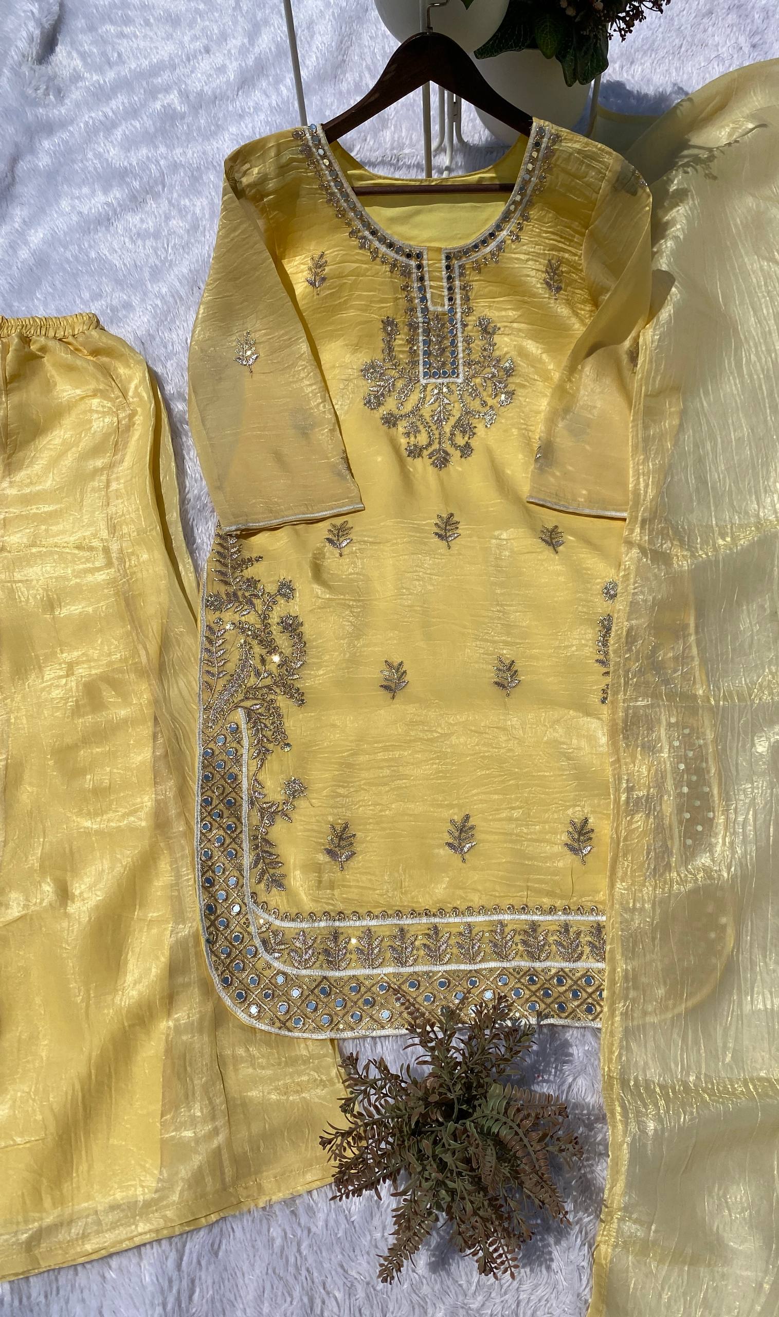 Gold Crunchy Mirror Work Kurti Palazzo Dupatta Set