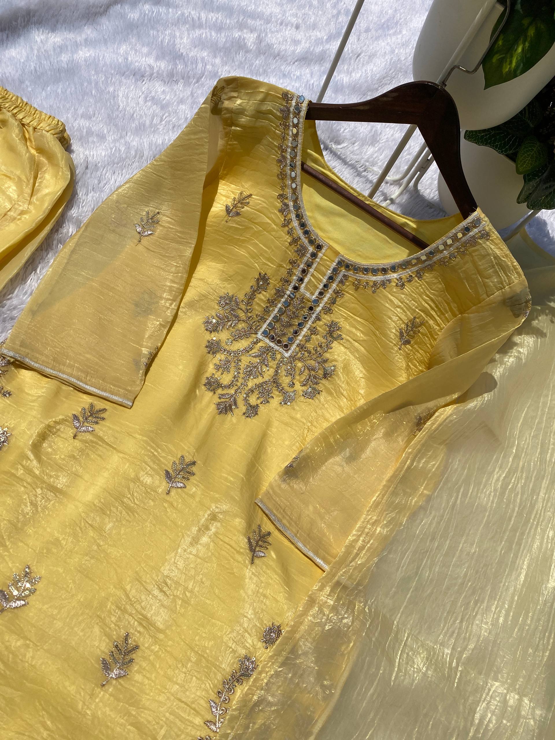 Gold Crunchy Mirror Work Kurti Palazzo Dupatta Set