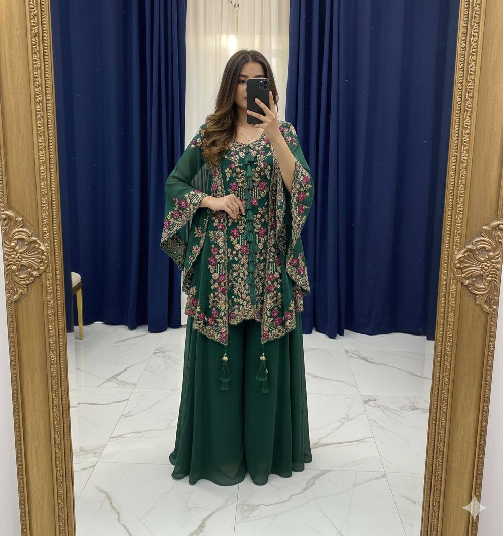 Designer Georgette Embroidered Kurta Palazzo Shrug Set