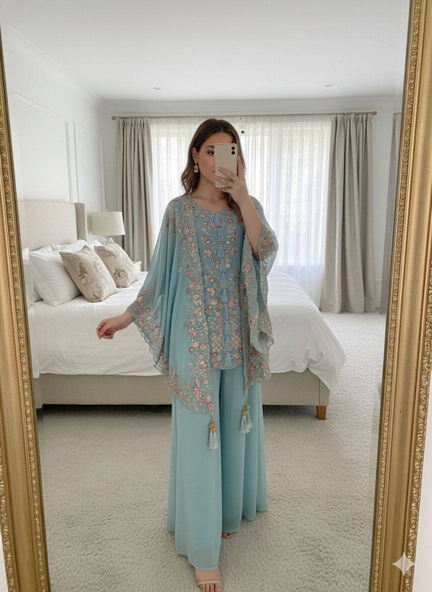 Designer Georgette Embroidered Kurta Palazzo Shrug Set