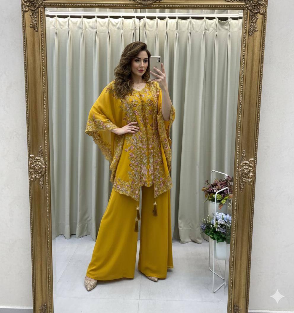 Designer Georgette Embroidered Kurta Palazzo Shrug Set