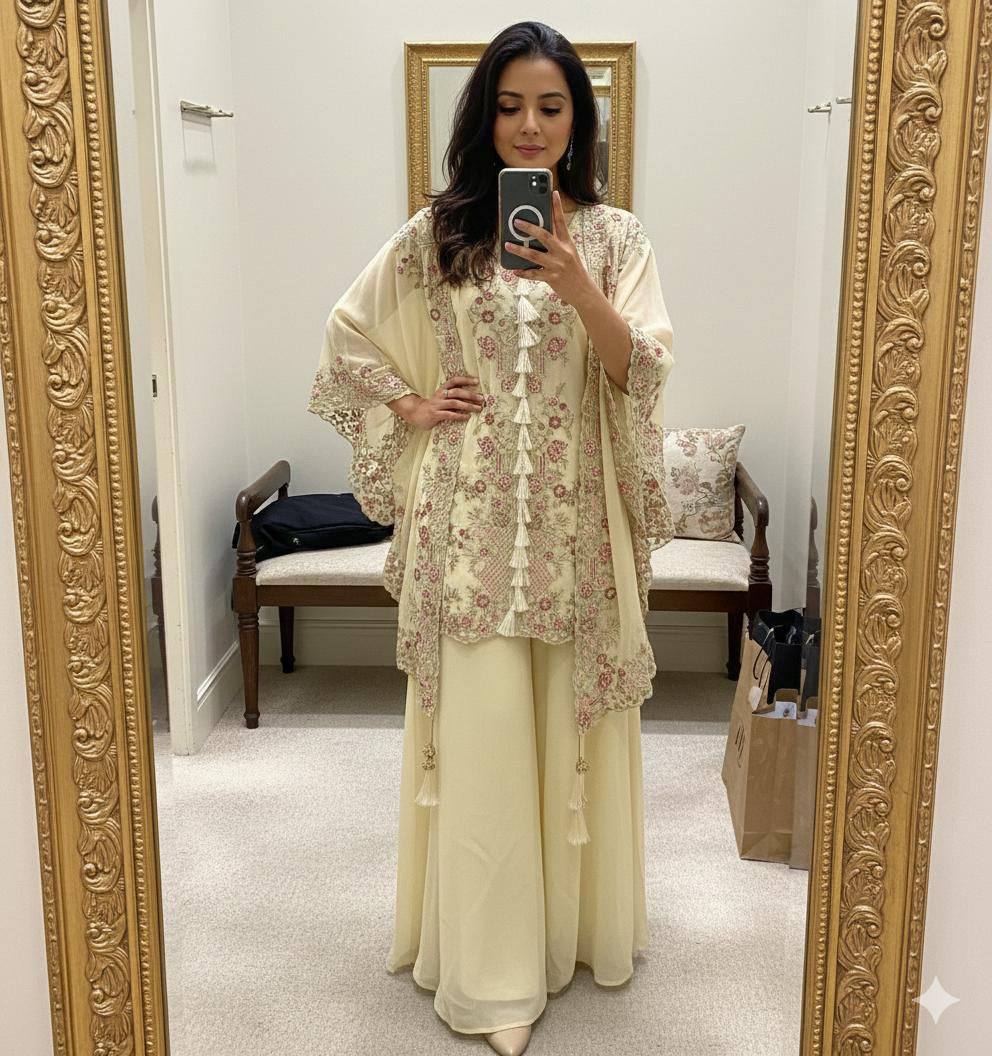 Designer Georgette Embroidered Kurta Palazzo Shrug Set