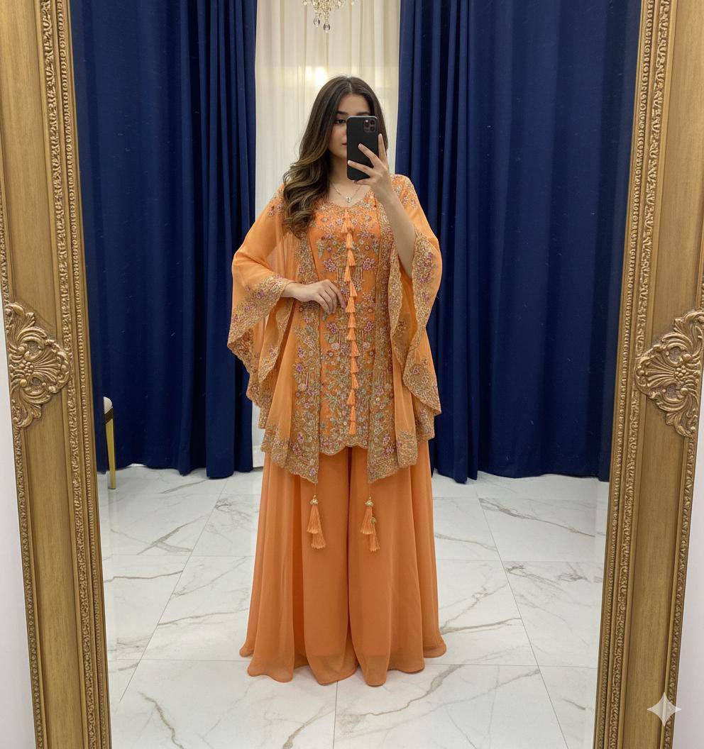 Designer Georgette Embroidered Kurta Palazzo Shrug Set