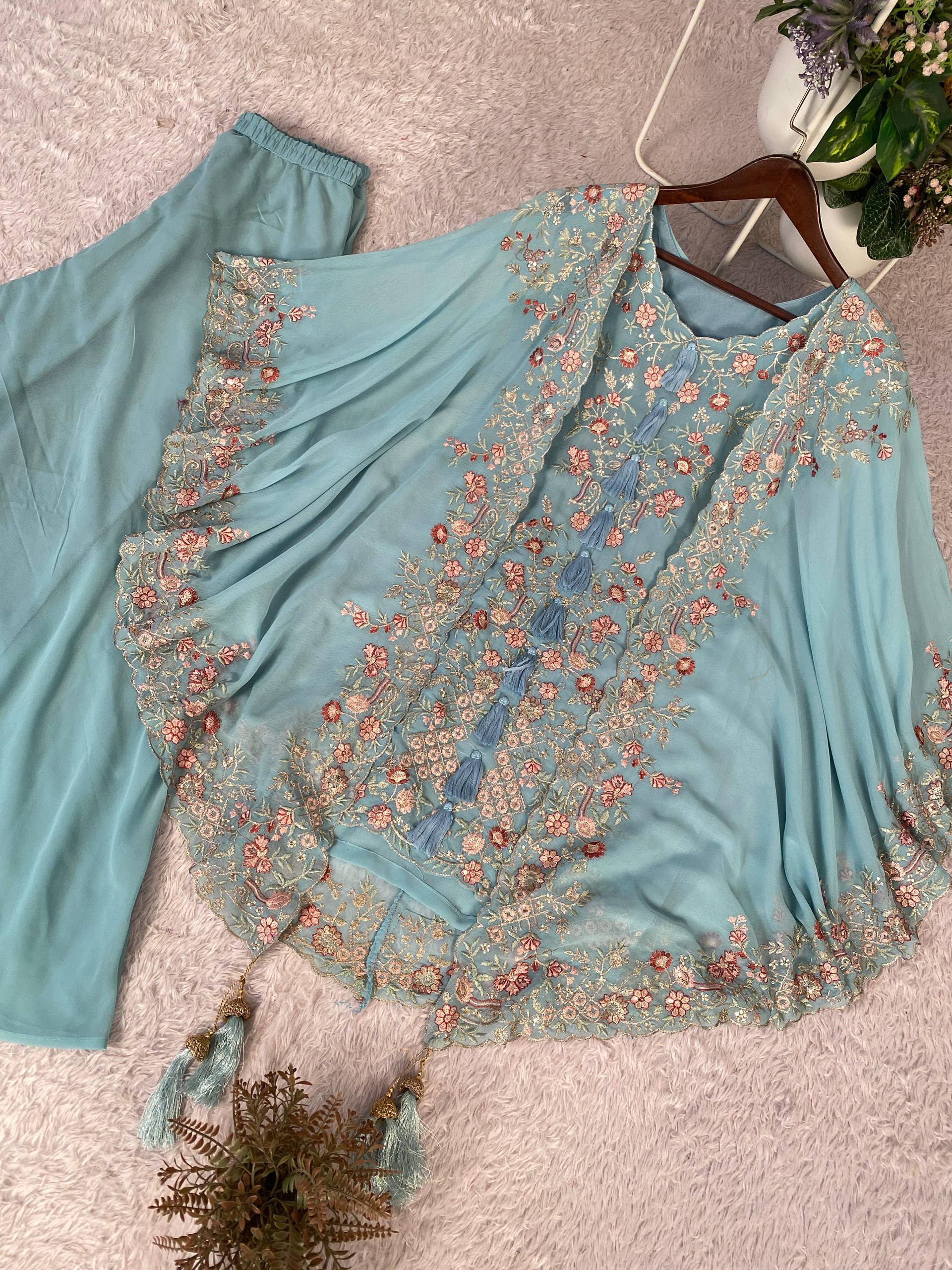 Designer Georgette Embroidered Kurta Palazzo Shrug Set