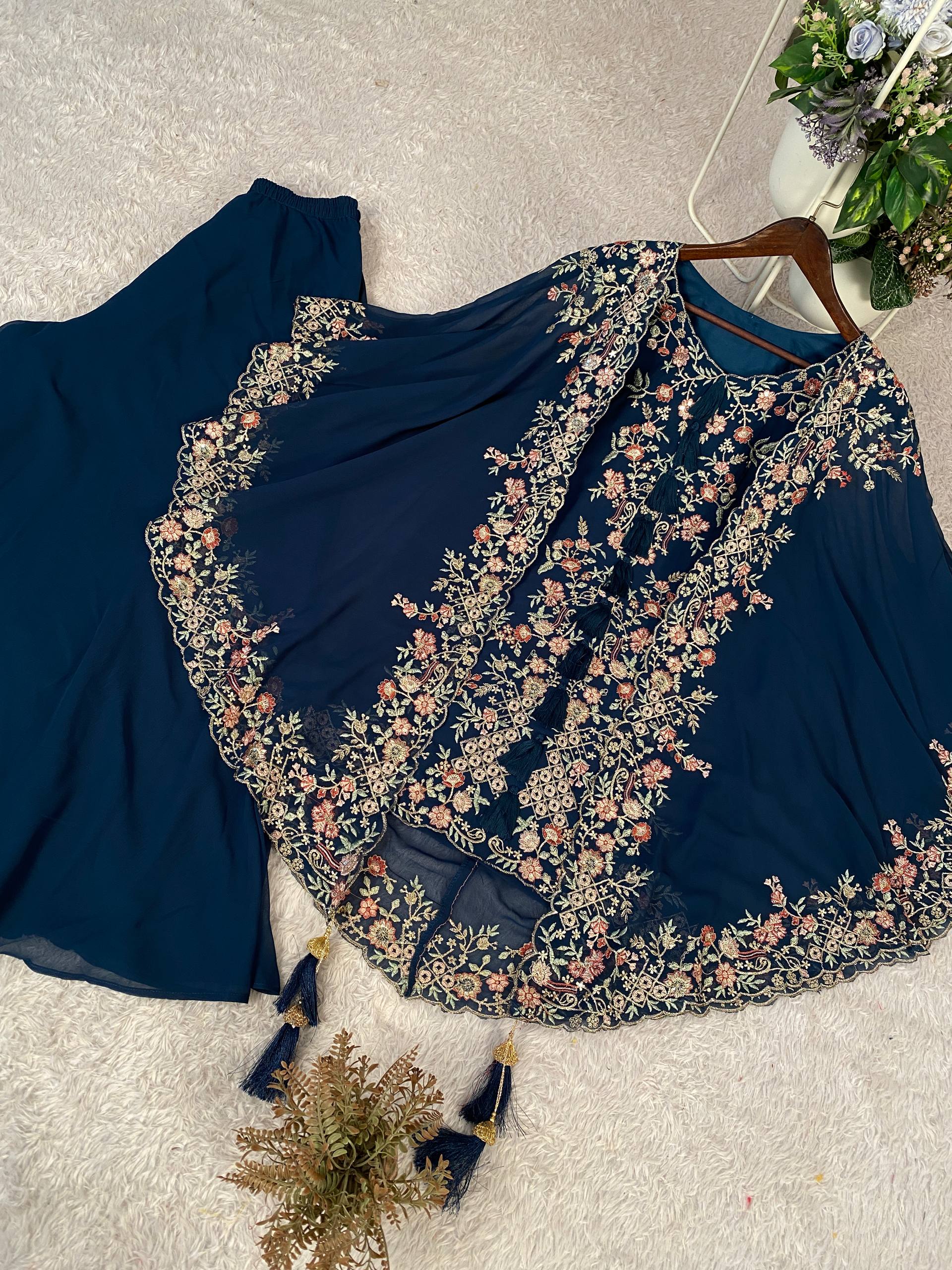 Designer Georgette Embroidered Kurta Palazzo Shrug Set