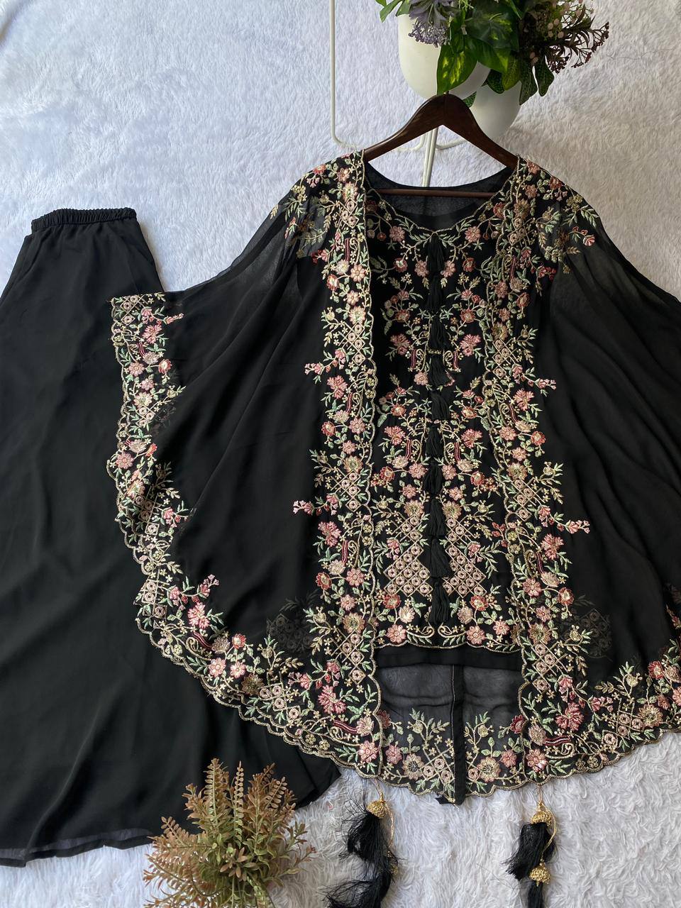 Designer Georgette Embroidered Kurta Palazzo Shrug Set