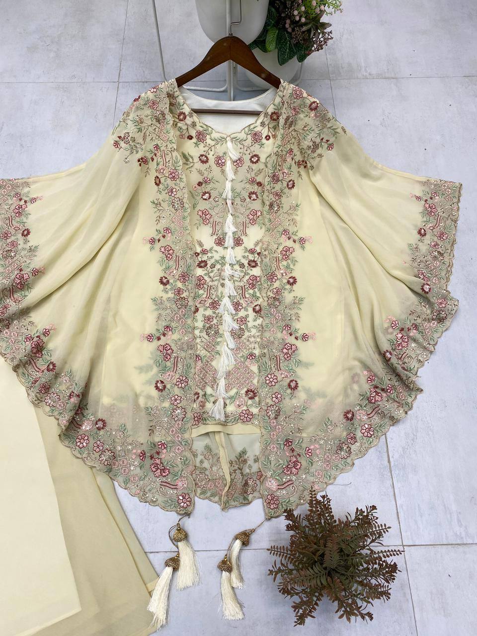 Designer Georgette Embroidered Kurta Palazzo Shrug Set