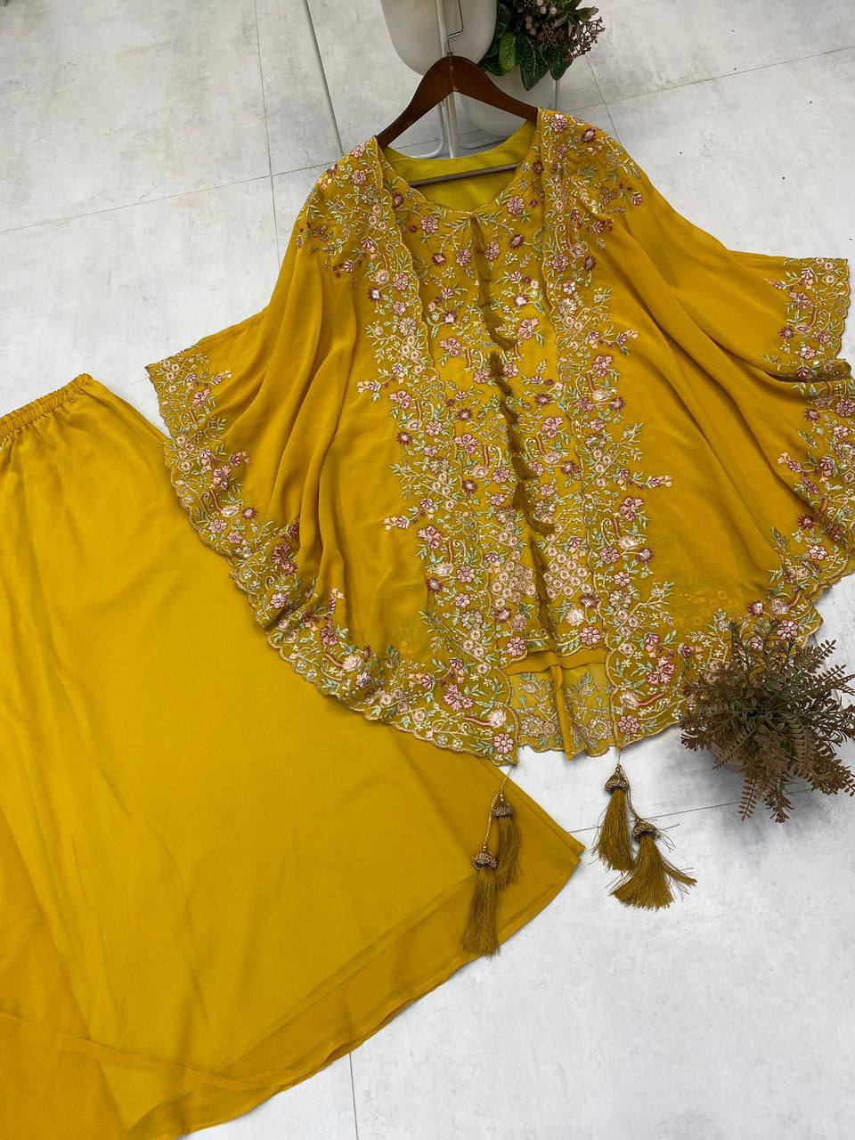 Designer Georgette Embroidered Kurta Palazzo Shrug Set