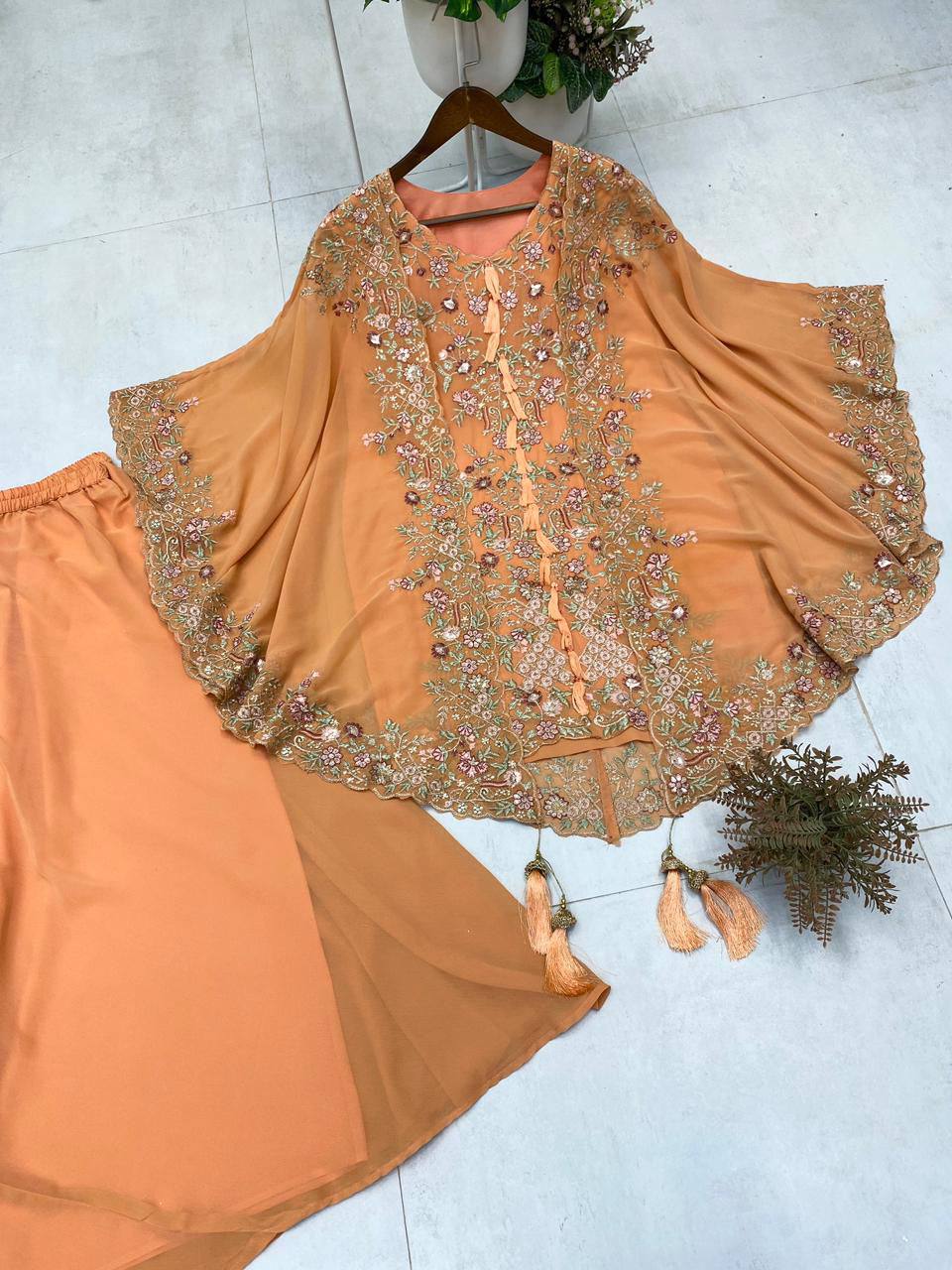 Designer Georgette Embroidered Kurta Palazzo Shrug Set