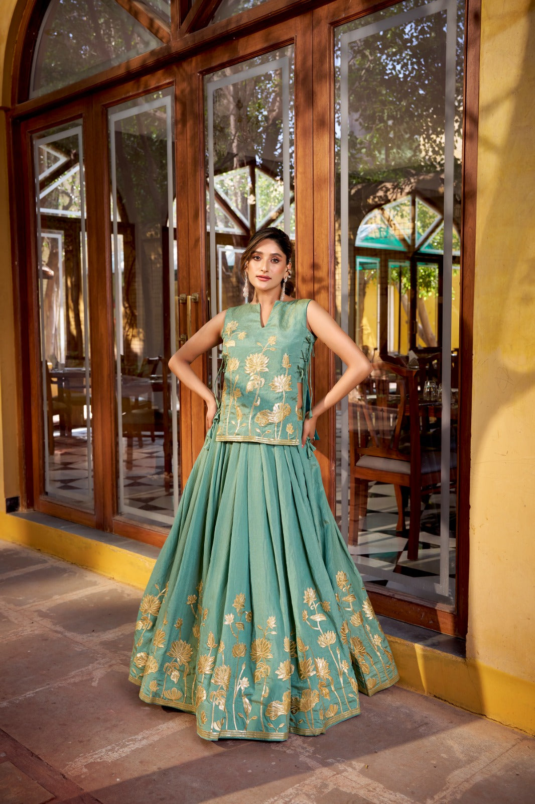 Designer Shimmer Embroidered Overlay Top Lehenga Set