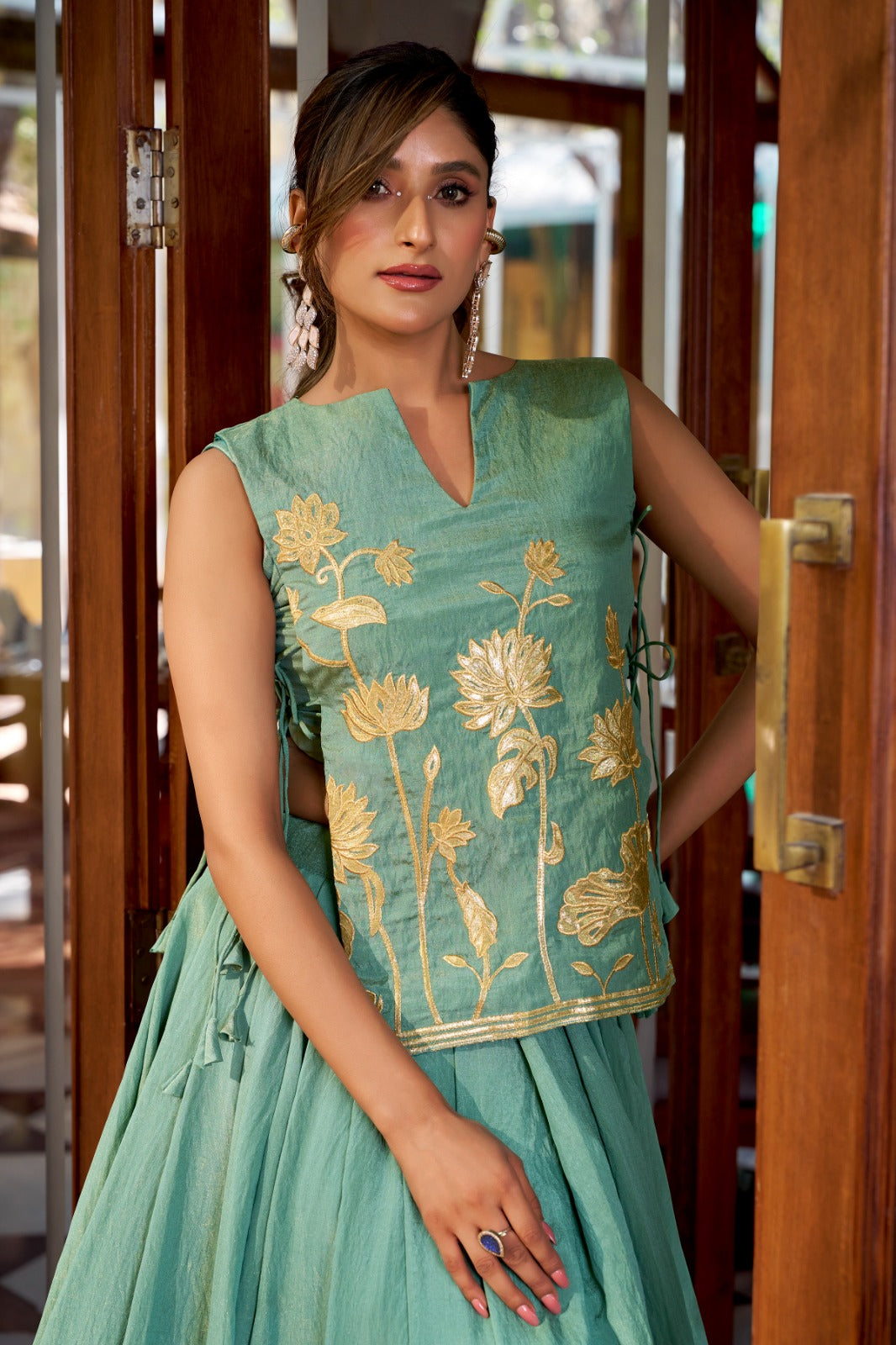 Designer Shimmer Embroidered Overlay Top Lehenga Set