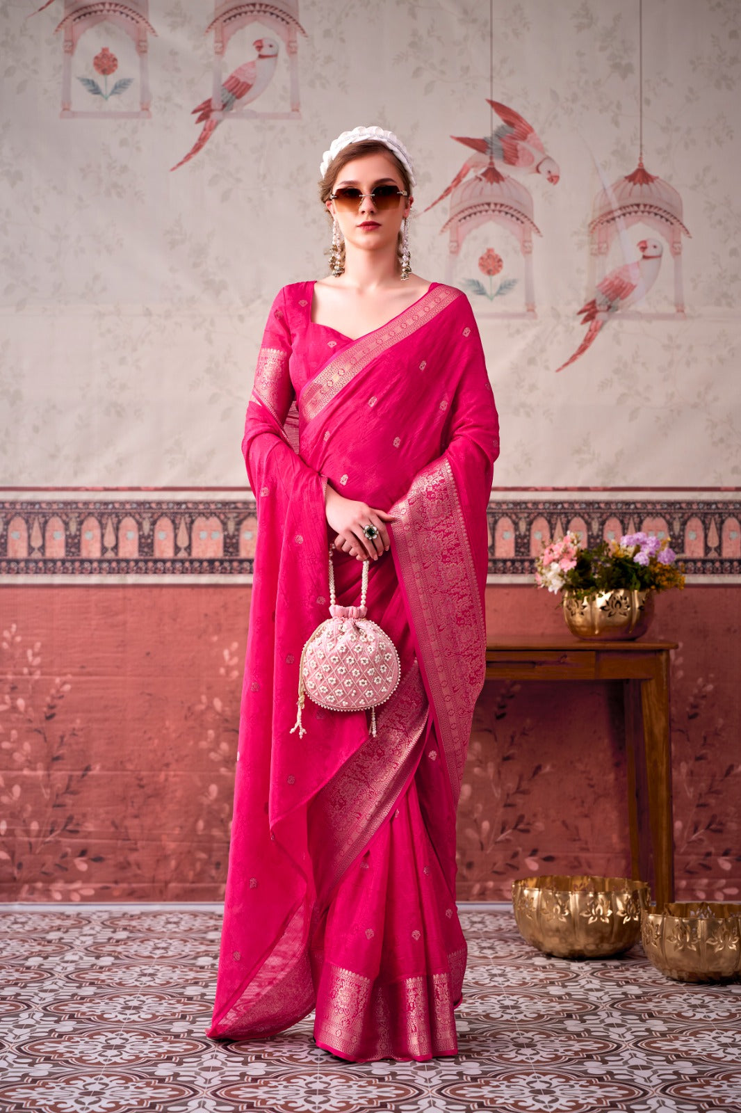 Chinon Zari Woven Saree With Unstitched Blouse