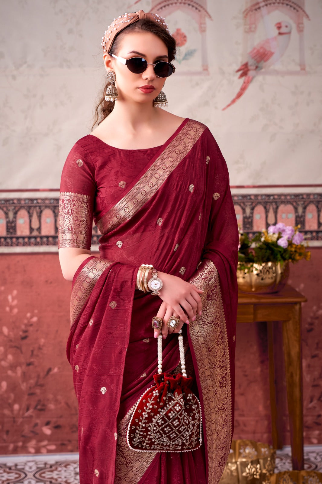 Chinon Zari Woven Saree With Unstitched Blouse