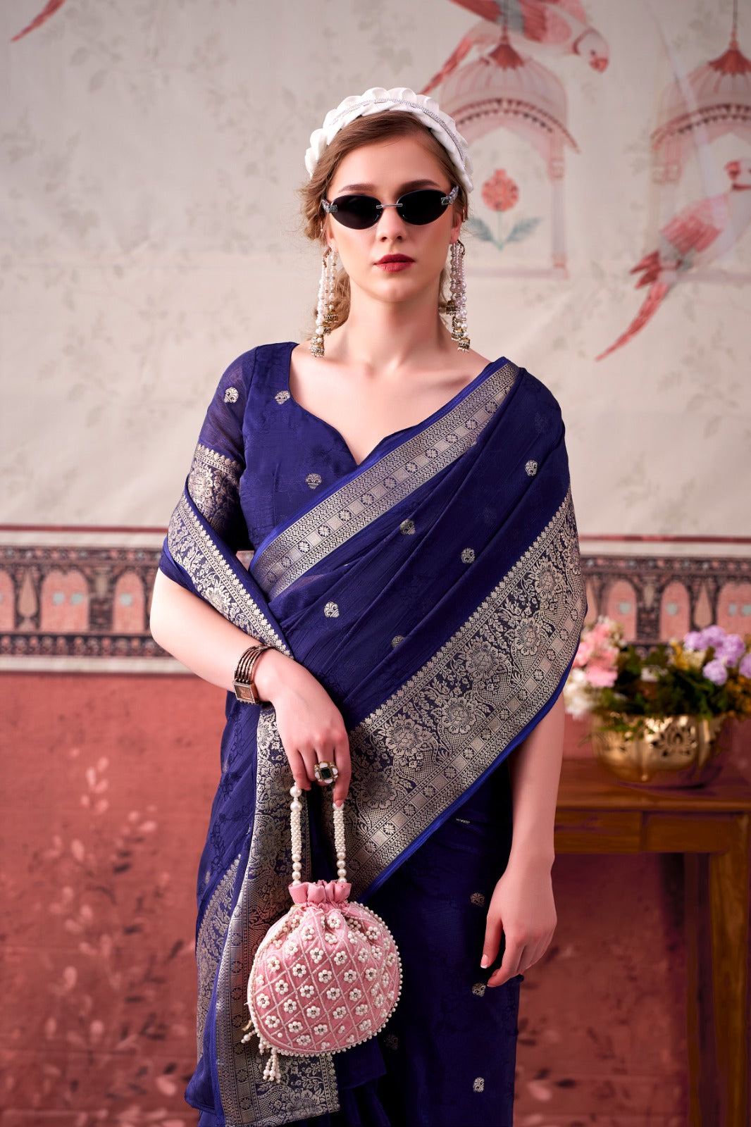 Chinon Zari Woven Saree With Unstitched Blouse