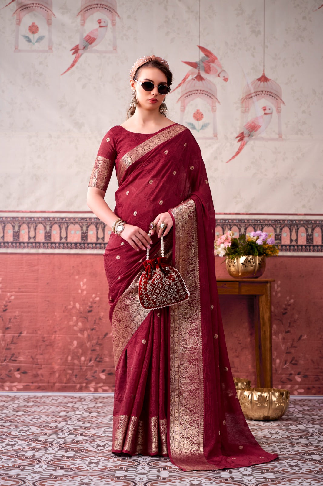 Chinon Zari Woven Saree With Unstitched Blouse