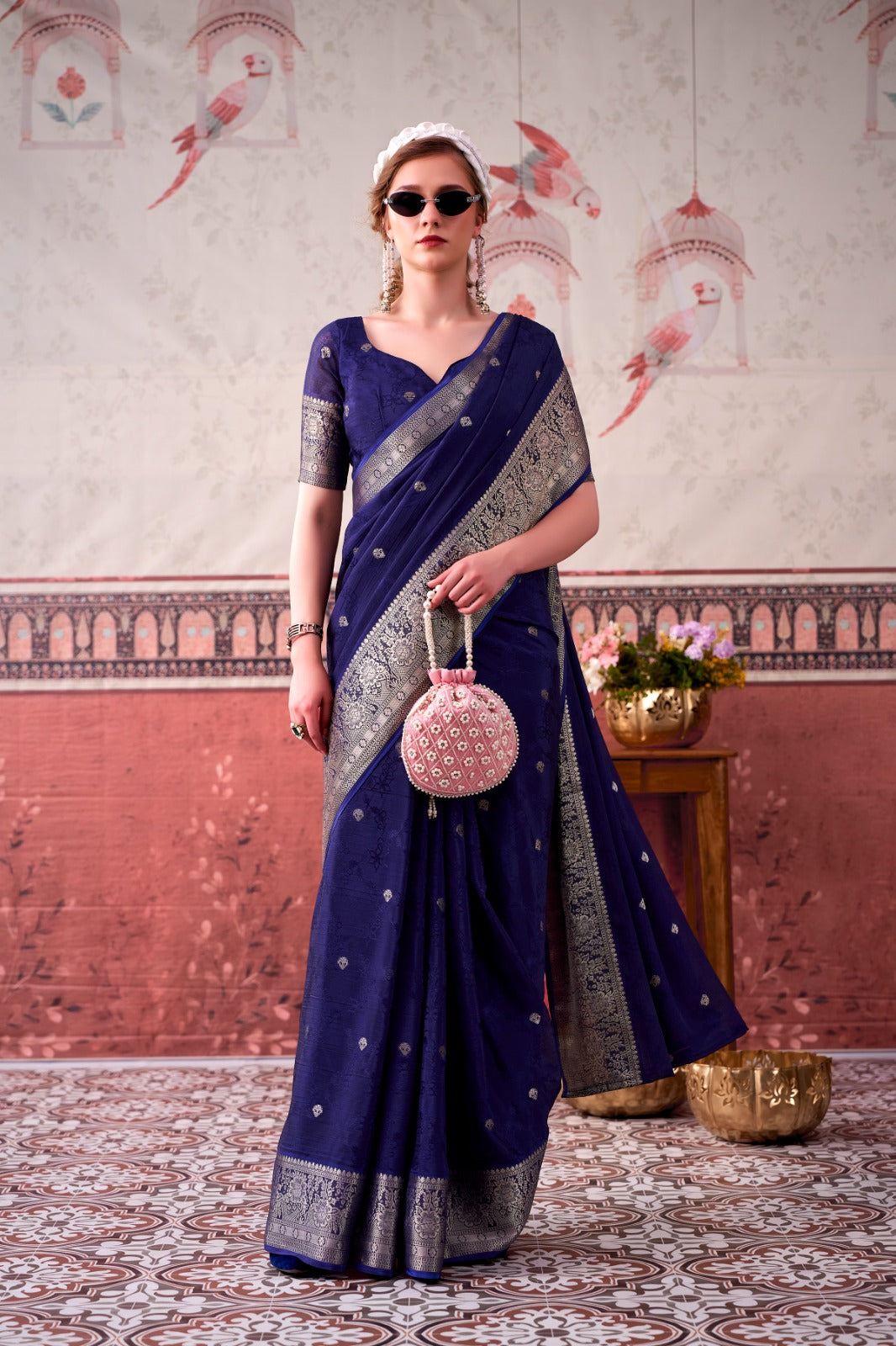 Chinon Zari Woven Saree With Unstitched Blouse