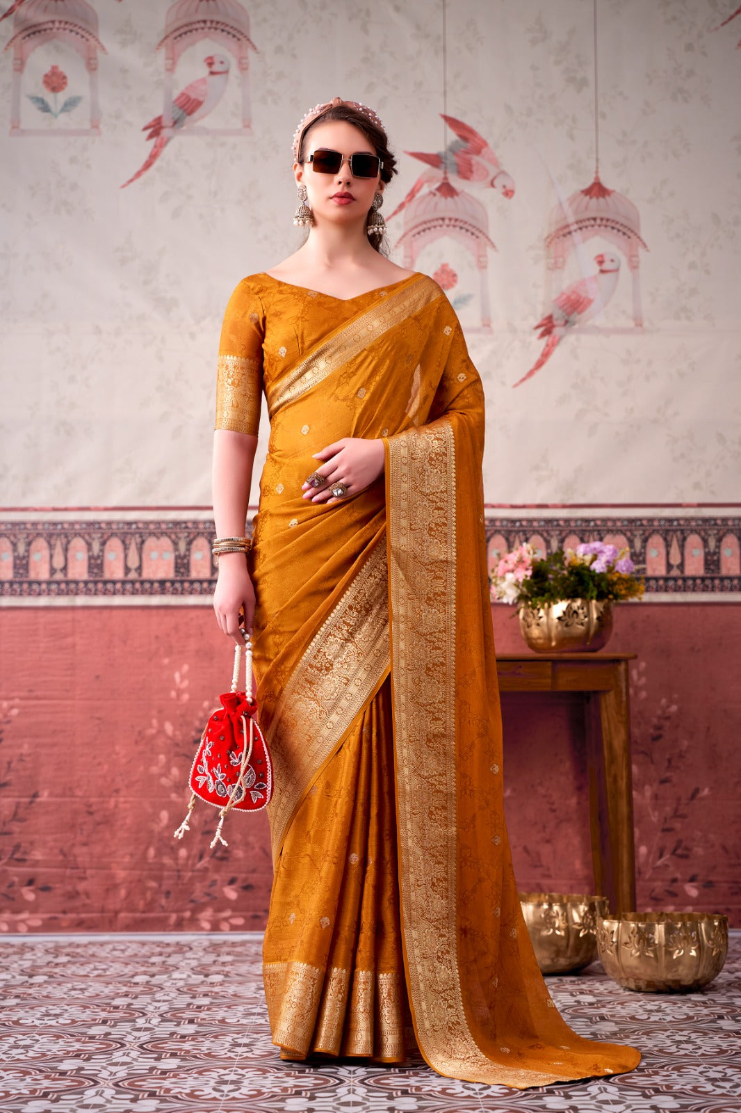 Chinon Zari Woven Saree With Unstitched Blouse