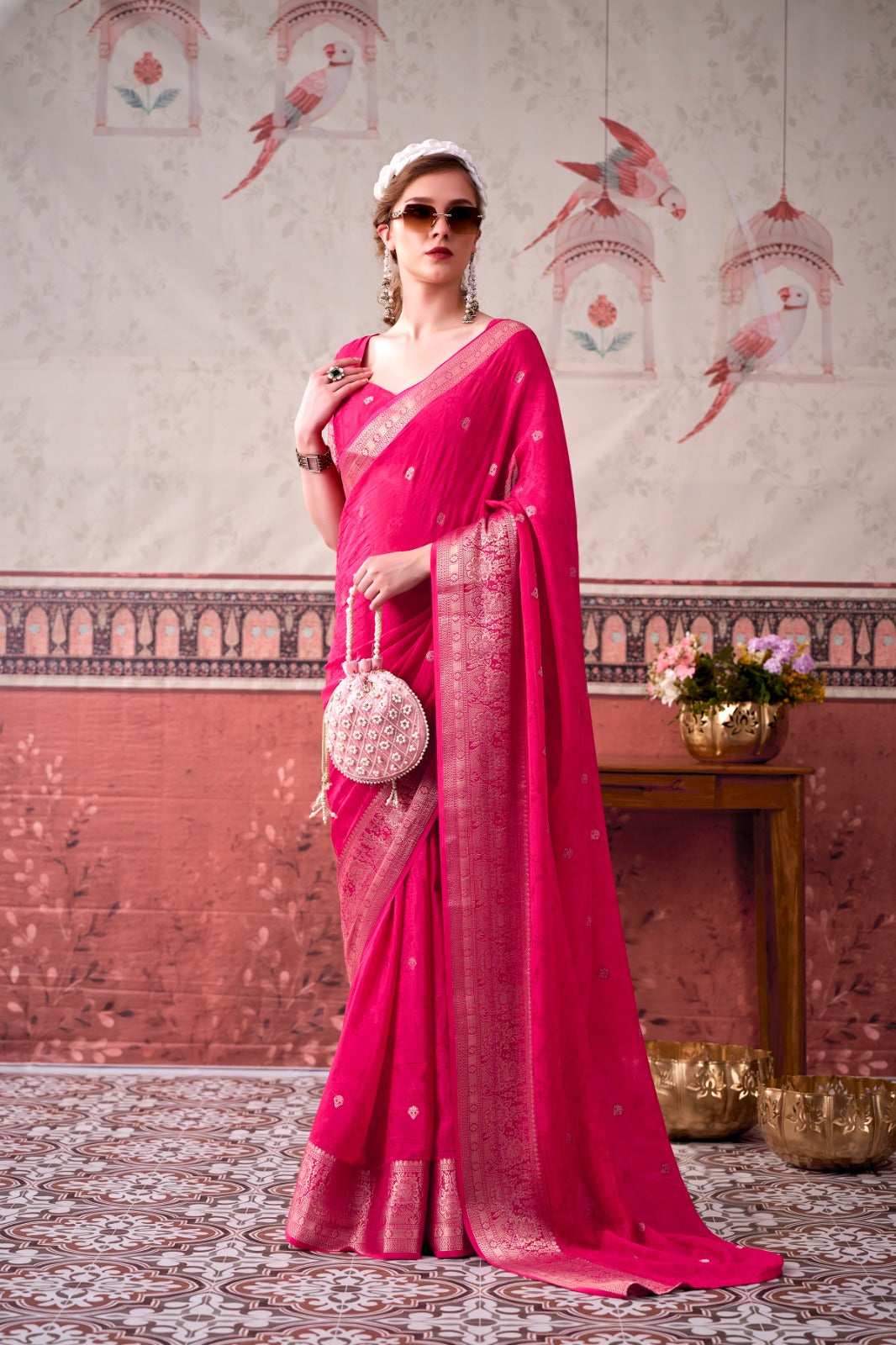 Chinon Zari Woven Saree With Unstitched Blouse