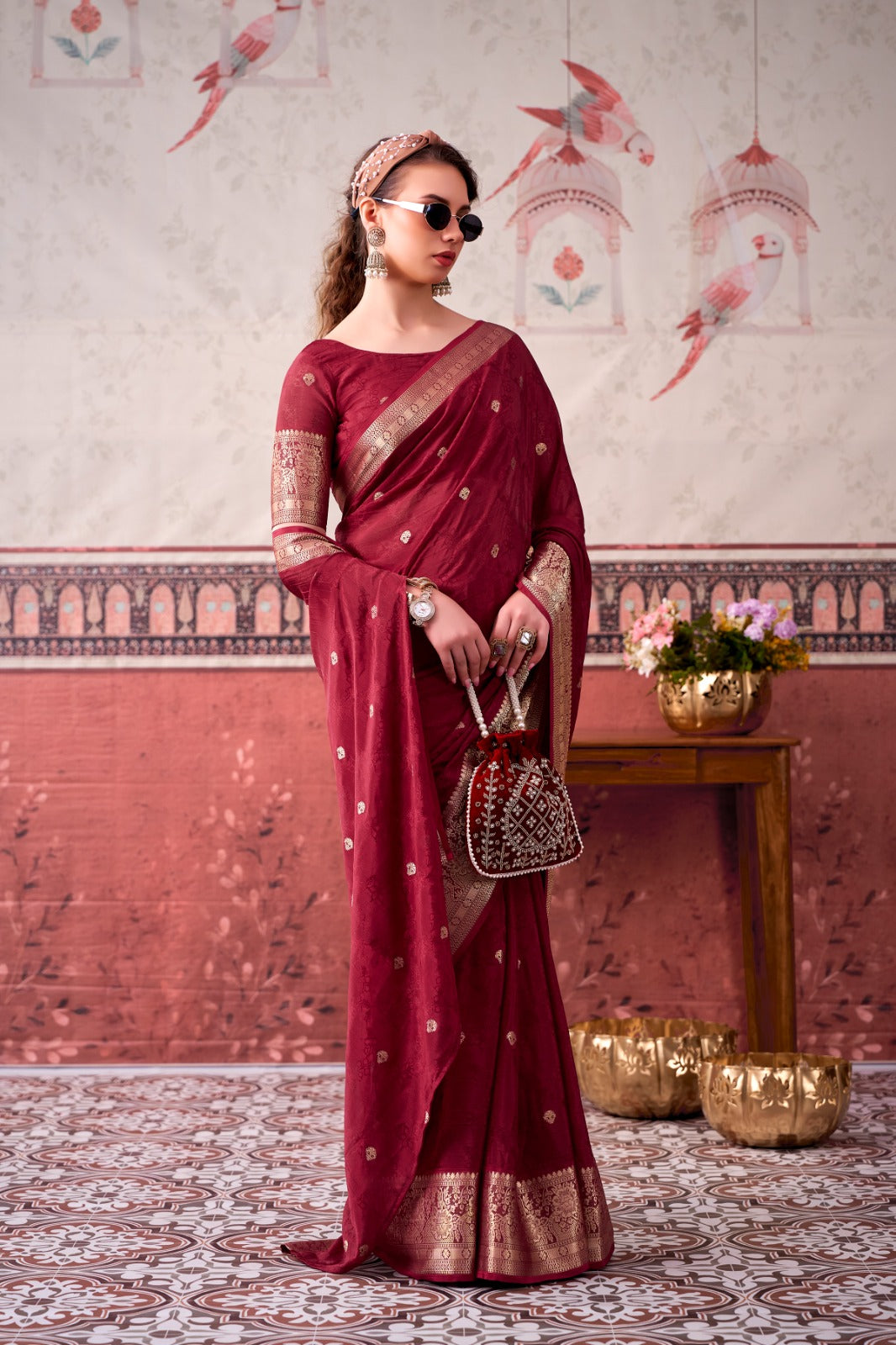 Chinon Zari Woven Saree With Unstitched Blouse