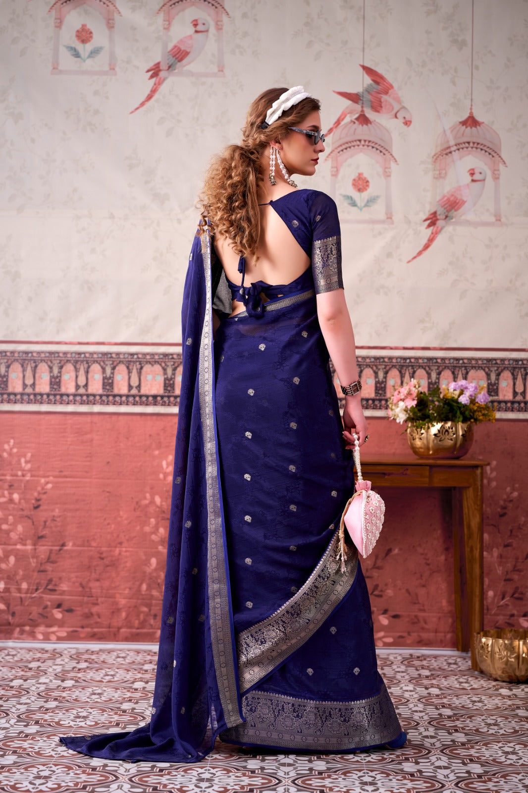 Chinon Zari Woven Saree With Unstitched Blouse