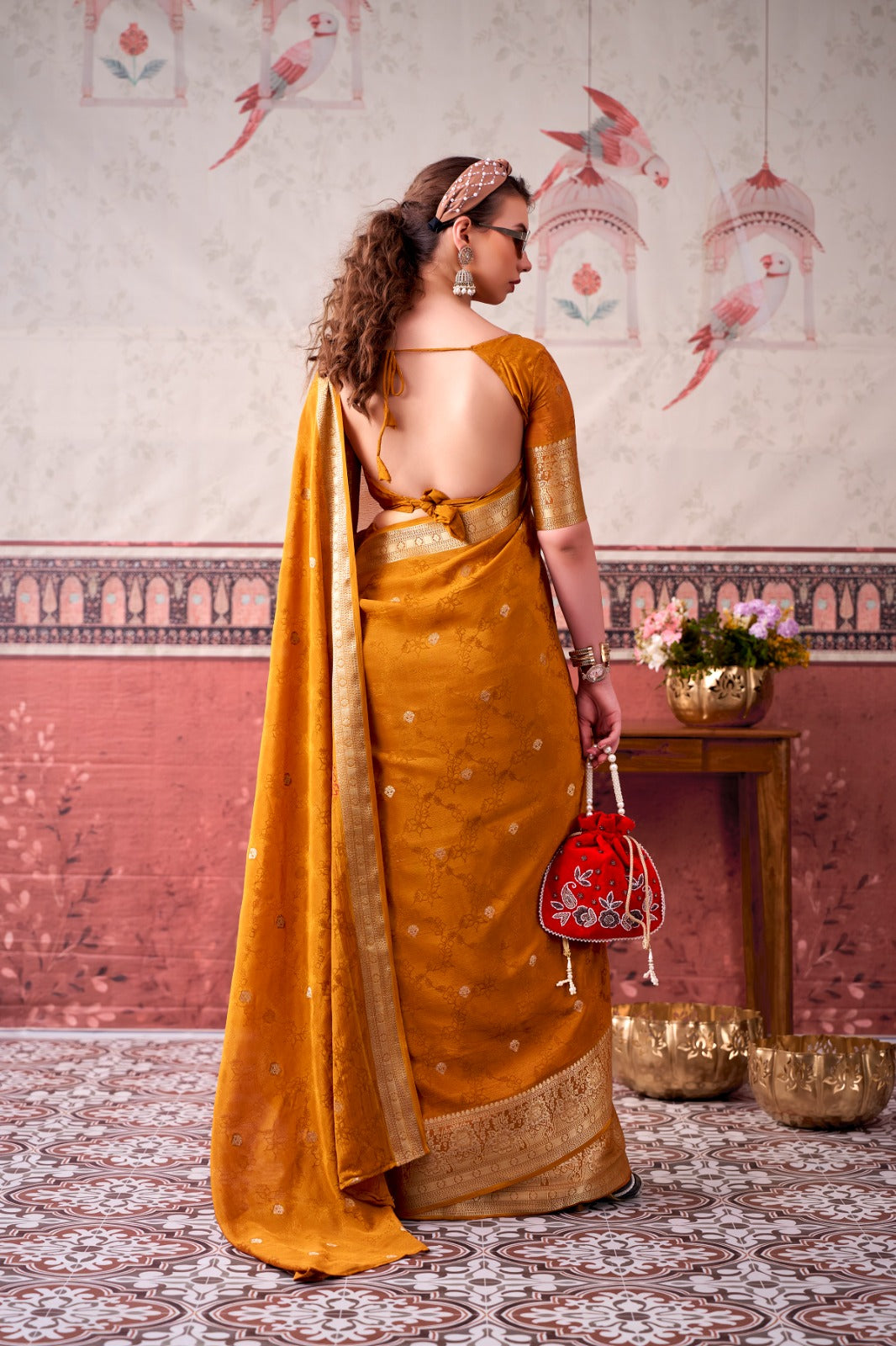 Chinon Zari Woven Saree With Unstitched Blouse