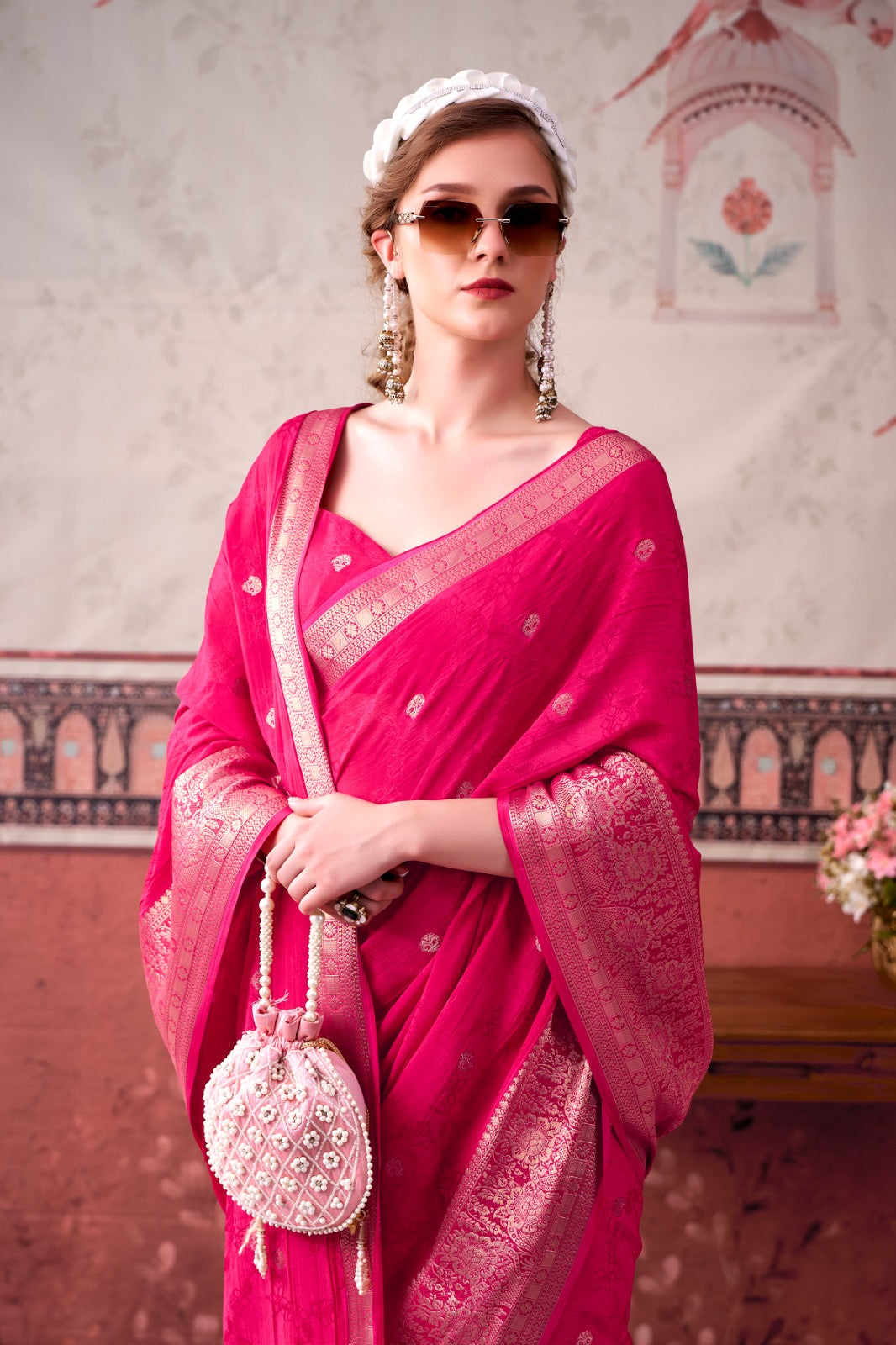 Chinon Zari Woven Saree With Unstitched Blouse
