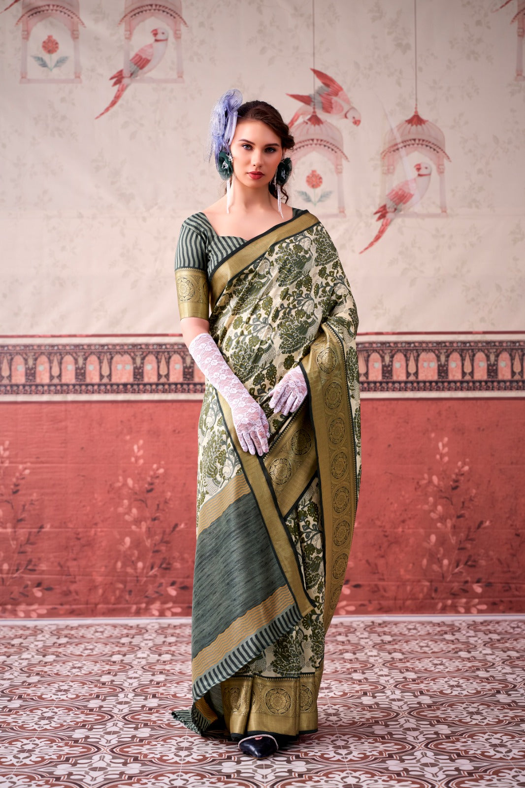 Tasar Silk Printed Saree With Unstitched Blouse