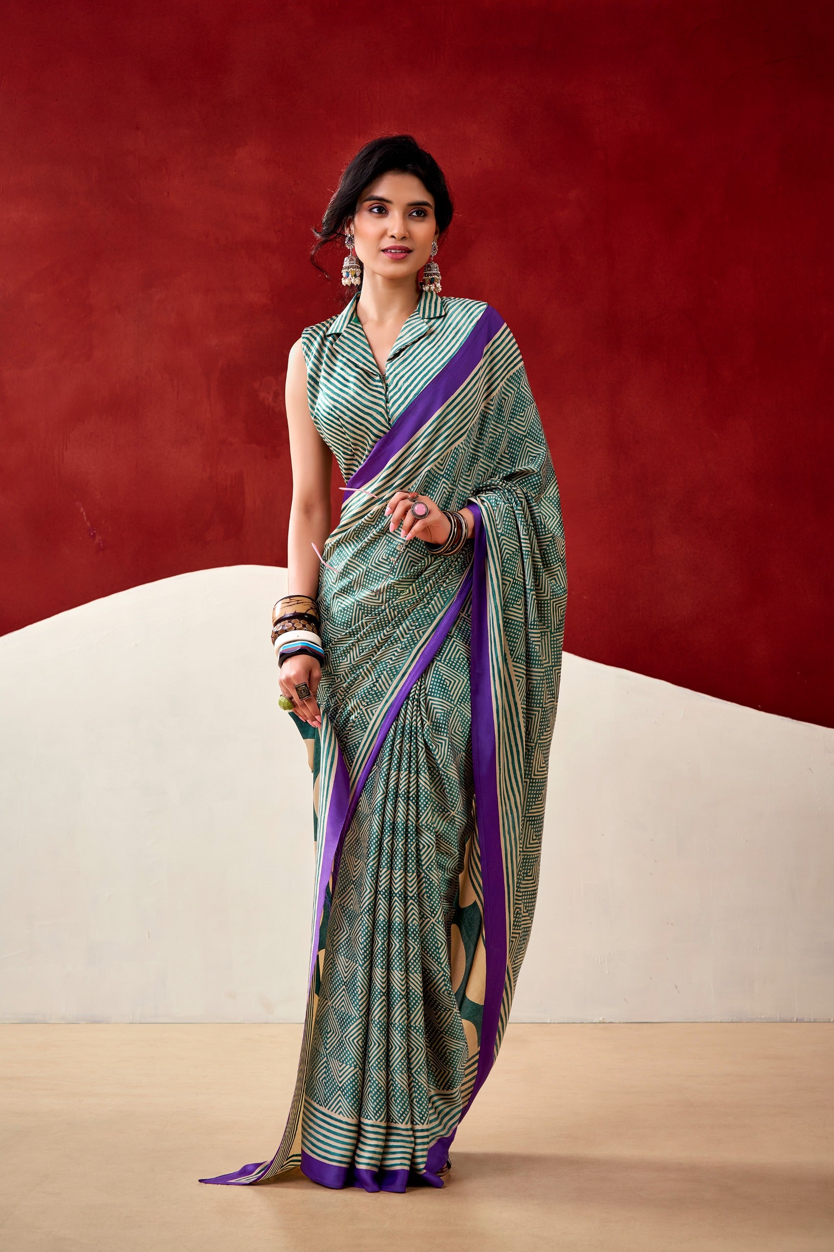 Designer Printed Dull Satin Saree with Unstitched Blouse
