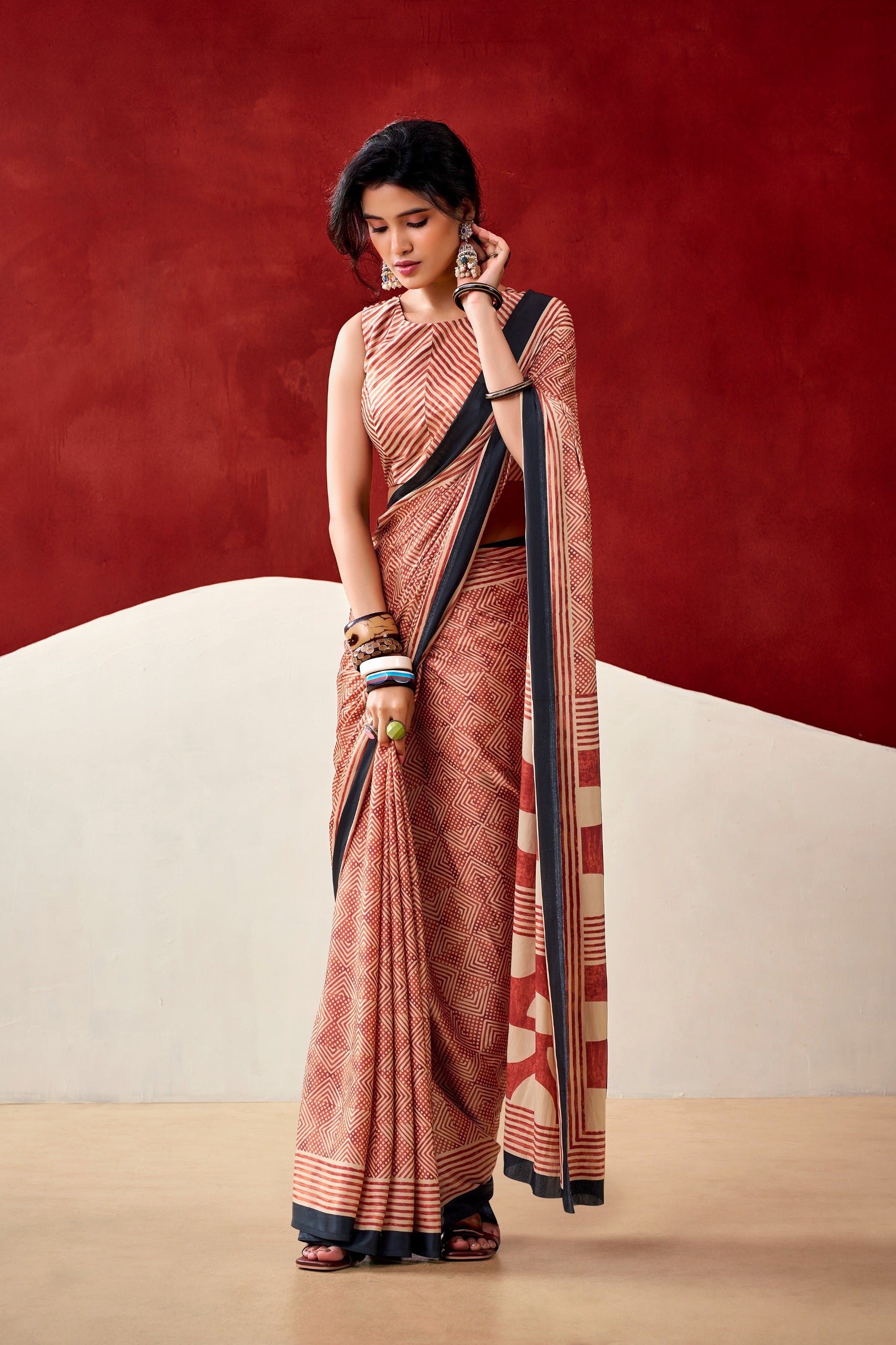 Designer Printed Dull Satin Saree with Unstitched Blouse