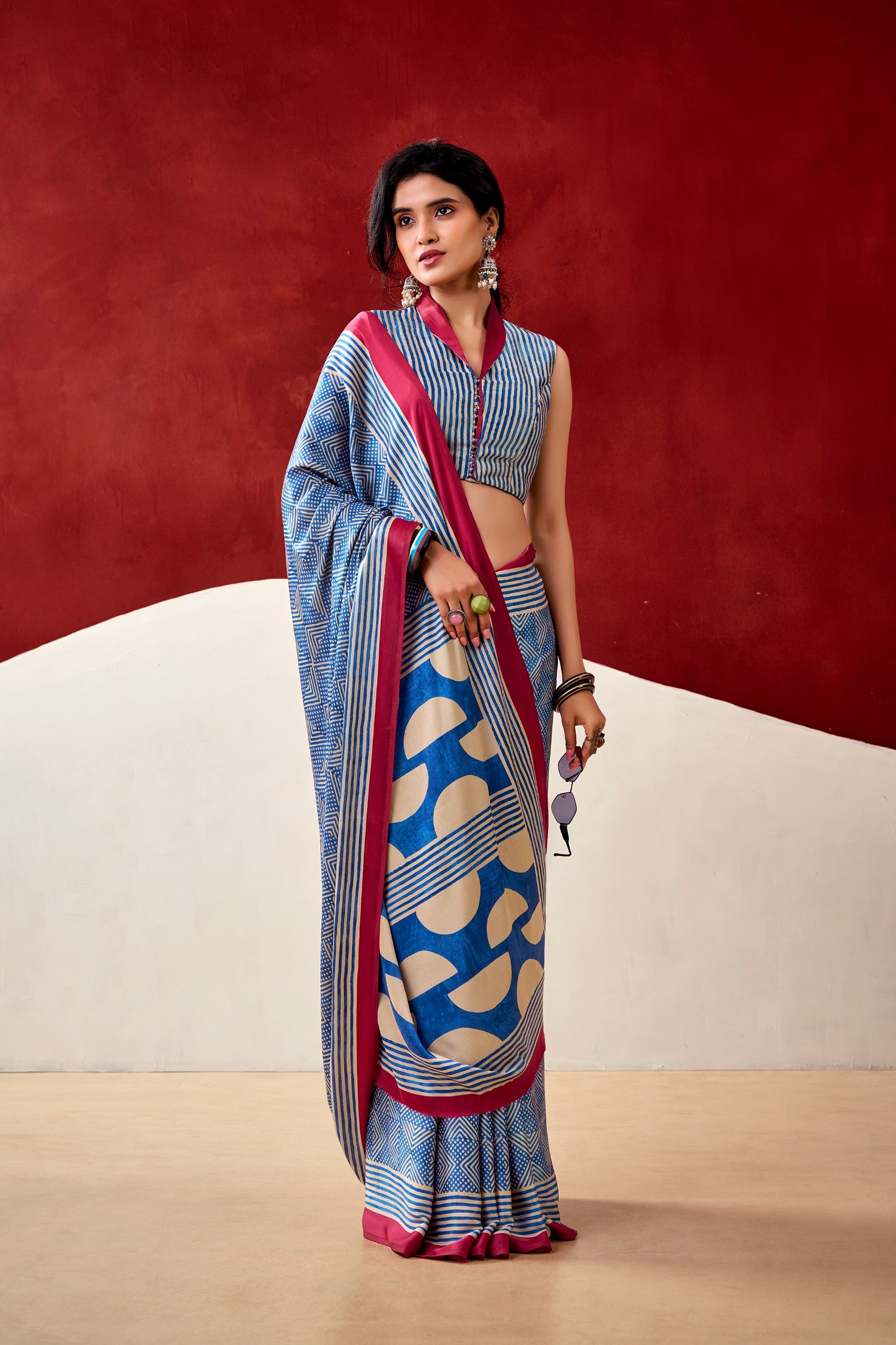 Designer Printed Dull Satin Saree with Unstitched Blouse